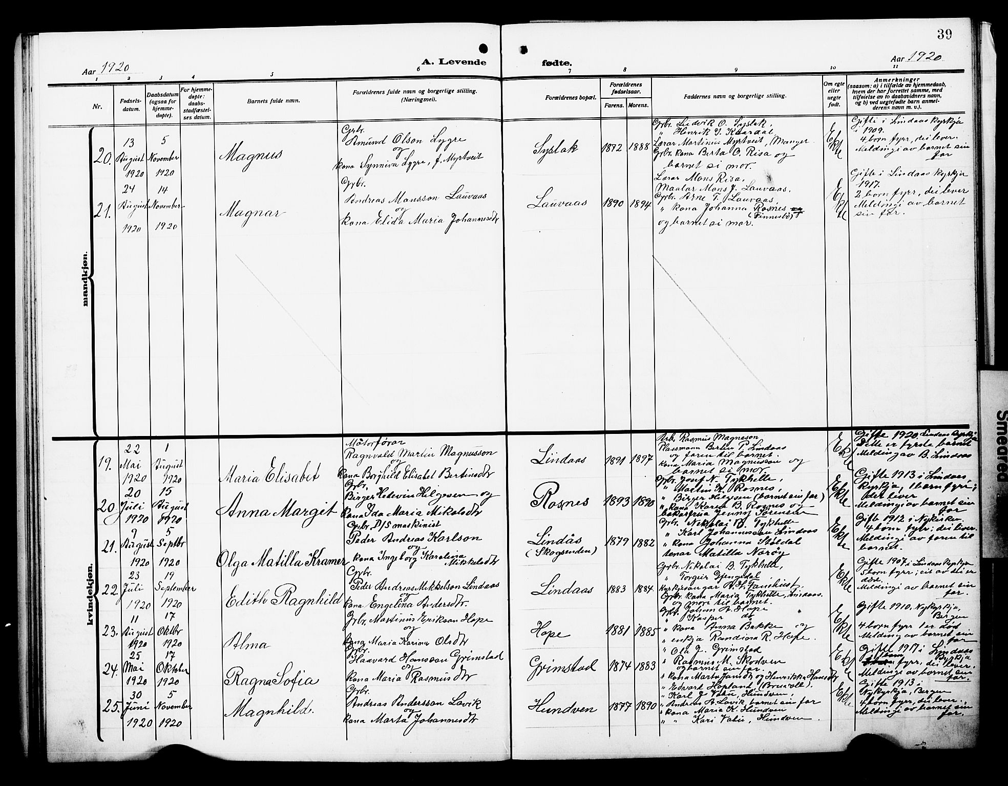 Lindås Sokneprestembete, AV/SAB-A-76701/H/Hab/Habb/L0004: Parish register (copy) no. B 4, 1912-1929, p. 39