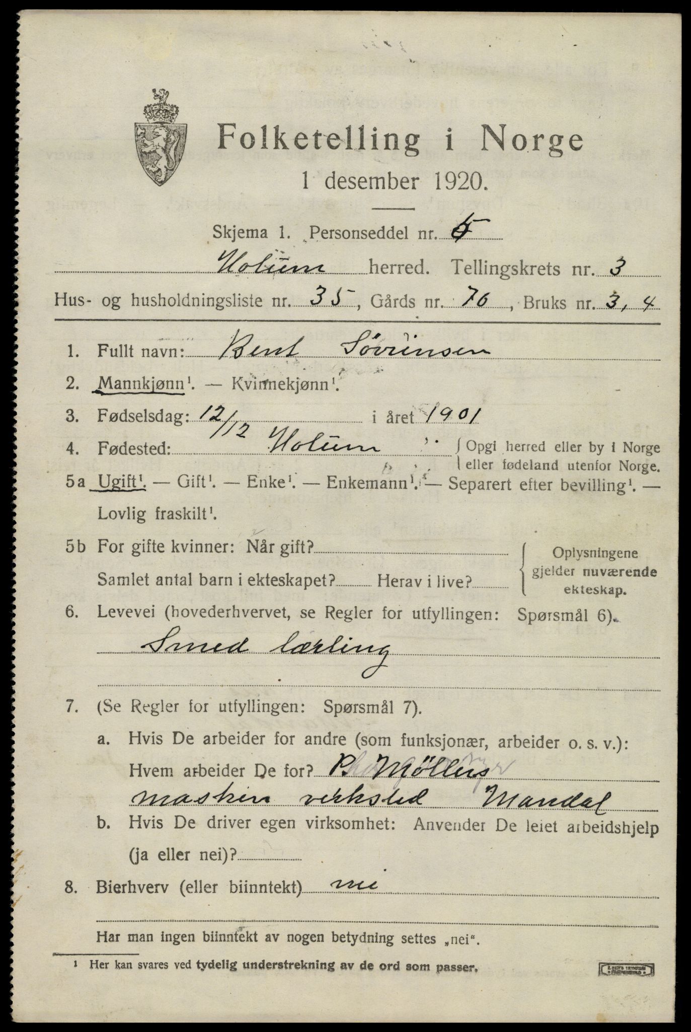 SAK, 1920 census for Holum, 1920, p. 1939