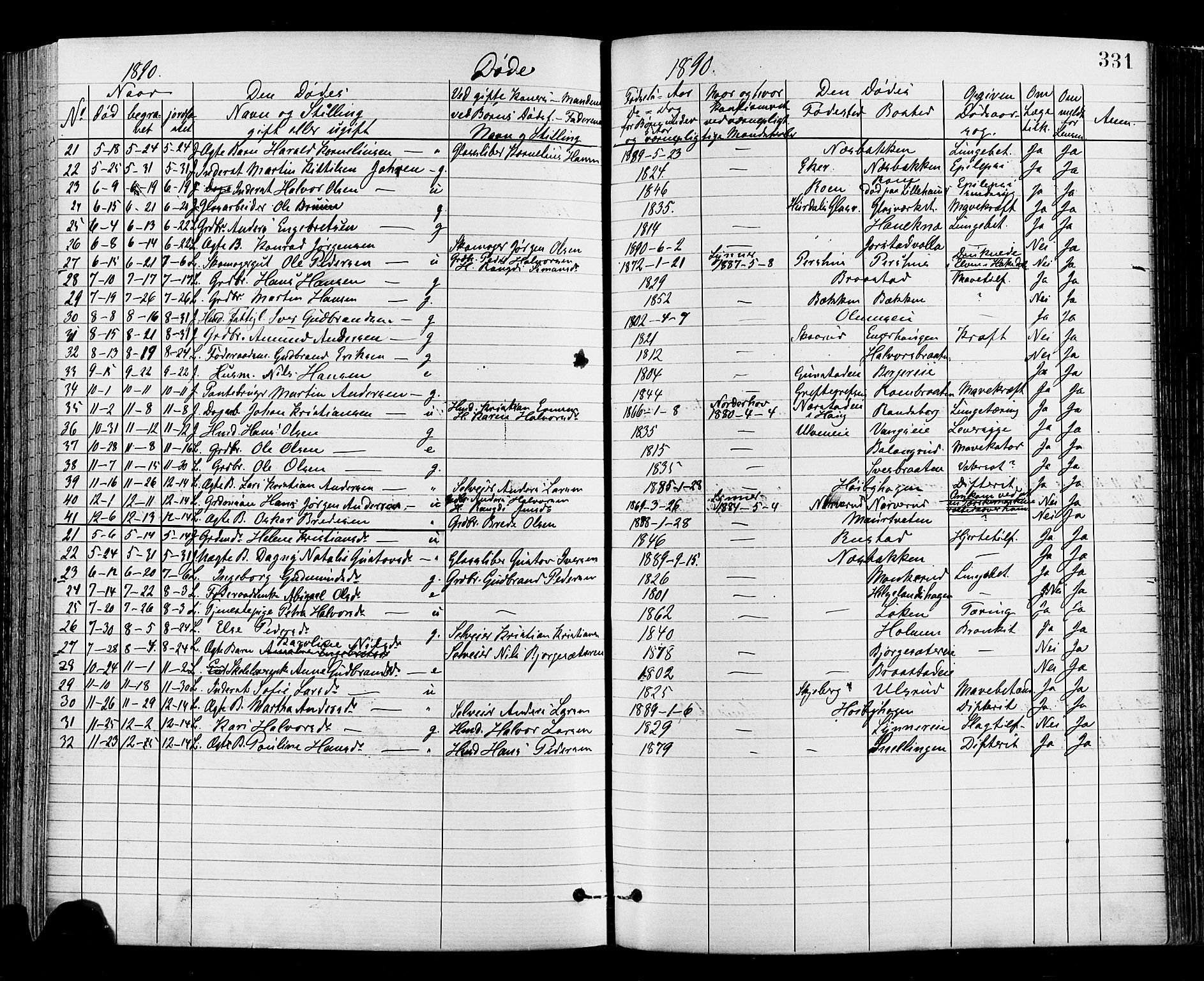 Jevnaker prestekontor, SAH/PREST-116/H/Ha/Haa/L0008: Parish register (official) no. 8, 1877-1890, p. 331
