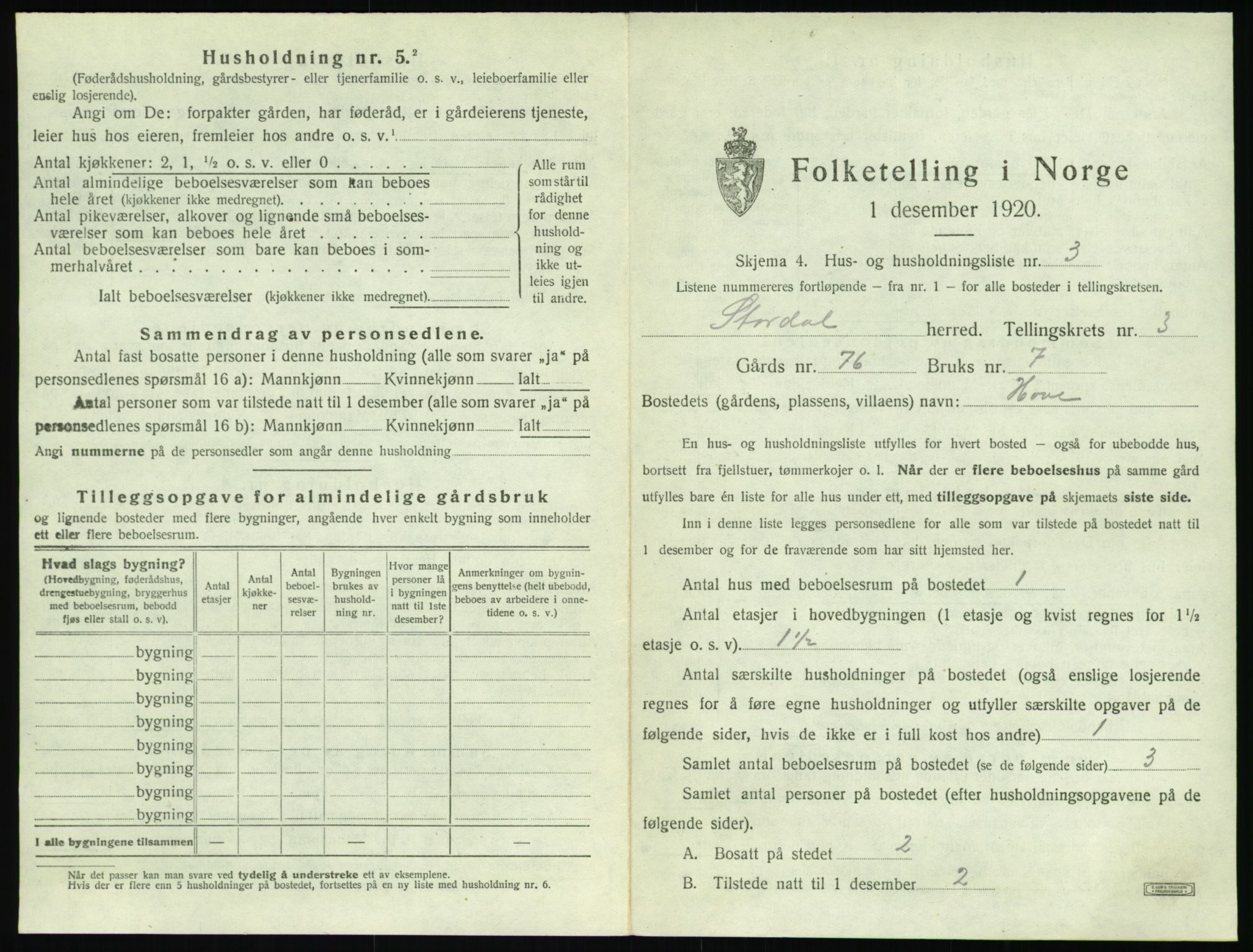 SAT, 1920 census for Stordal, 1920, p. 106