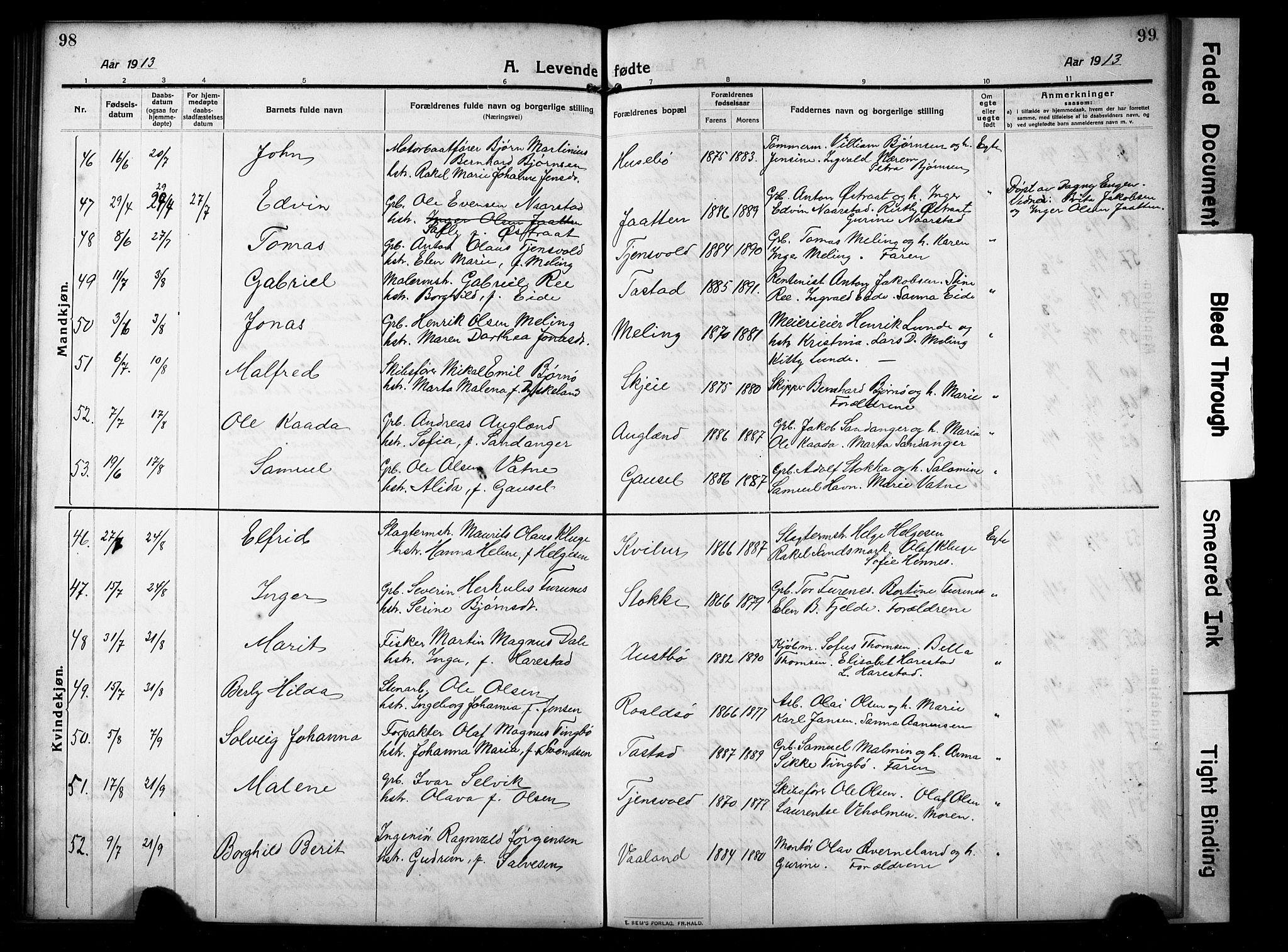 Hetland sokneprestkontor, SAST/A-101826/30/30BB/L0008: Parish register (copy) no. B 8, 1910-1921, p. 98-99