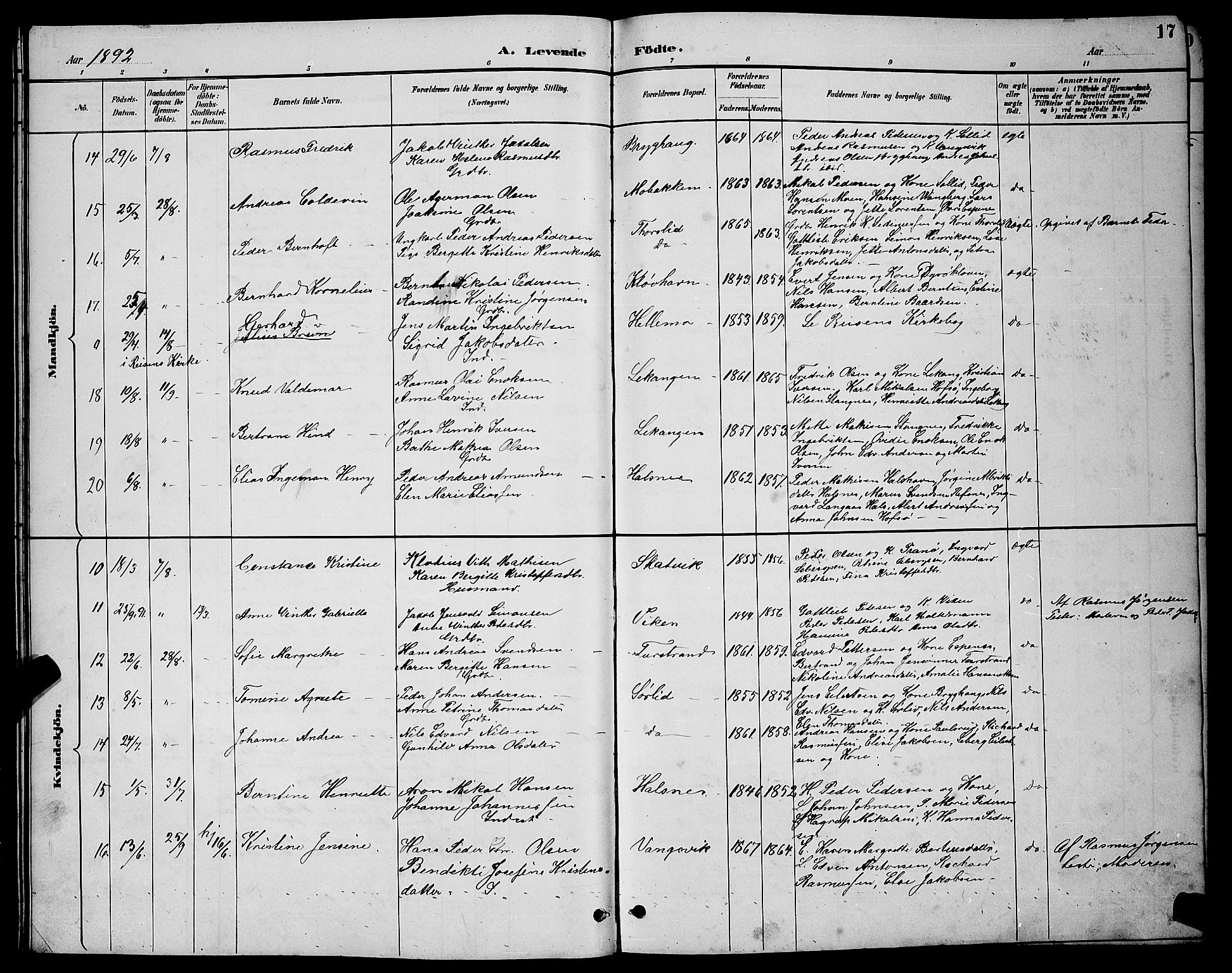 Tranøy sokneprestkontor, AV/SATØ-S-1313/I/Ia/Iab/L0004klokker: Parish register (copy) no. 4, 1888-1901, p. 17