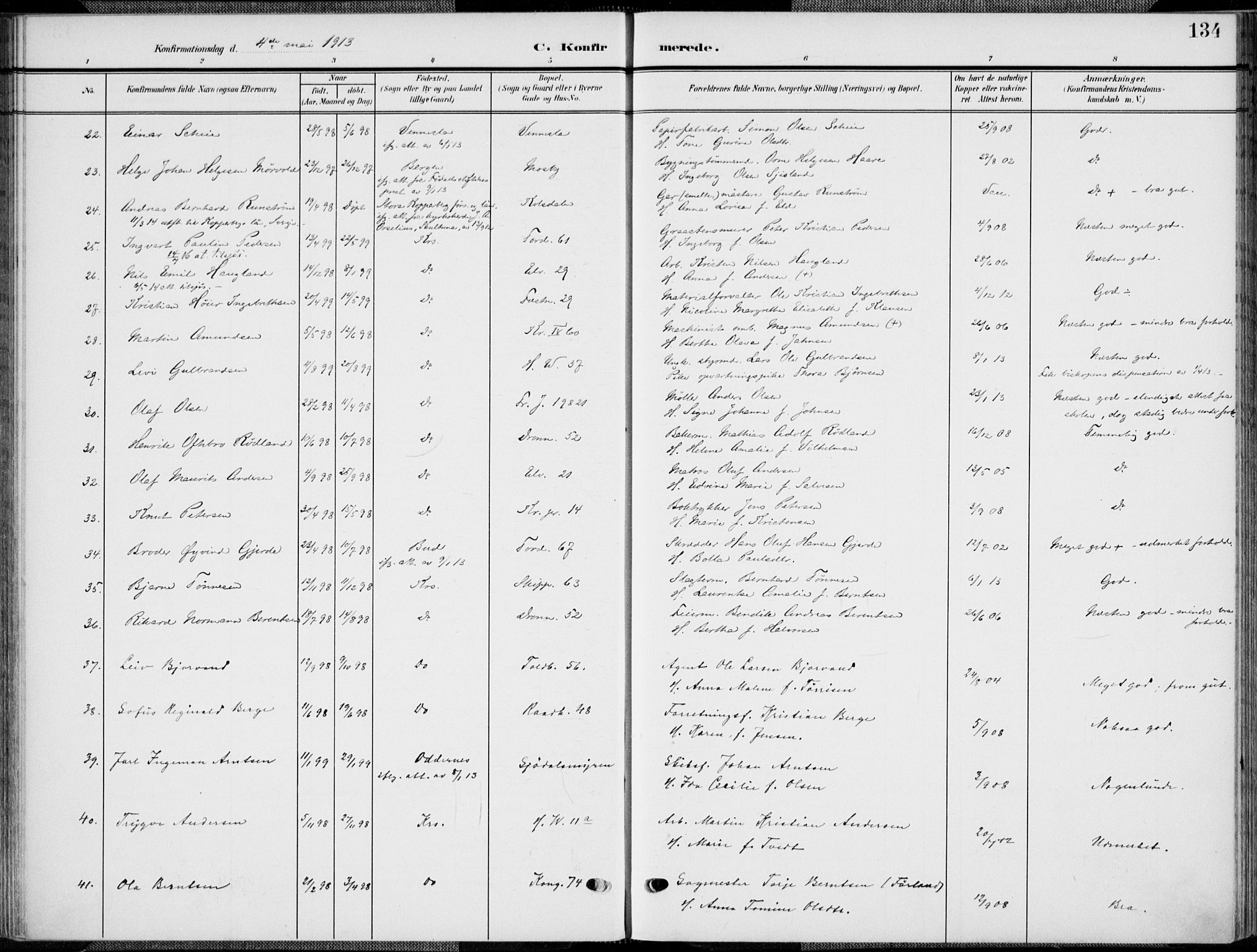 Kristiansand domprosti, AV/SAK-1112-0006/F/Fa/L0022: Parish register (official) no. A 21, 1905-1916, p. 134