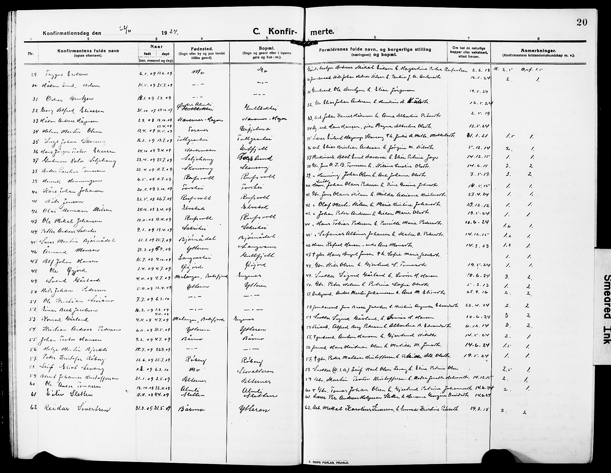 Ministerialprotokoller, klokkerbøker og fødselsregistre - Nordland, SAT/A-1459/827/L0424: Parish register (copy) no. 827C13, 1921-1930, p. 20
