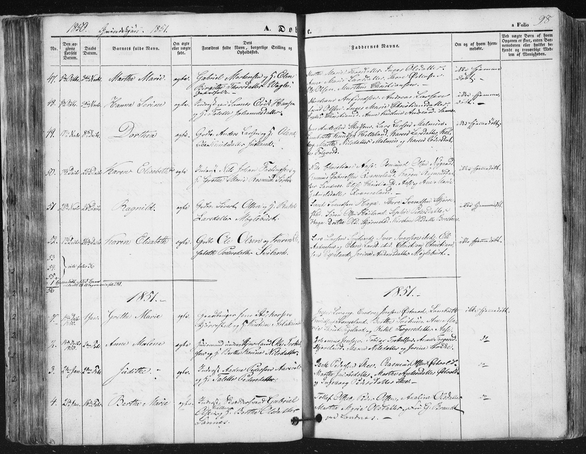 Høyland sokneprestkontor, AV/SAST-A-101799/001/30BA/L0008: Parish register (official) no. A 8, 1841-1856, p. 98