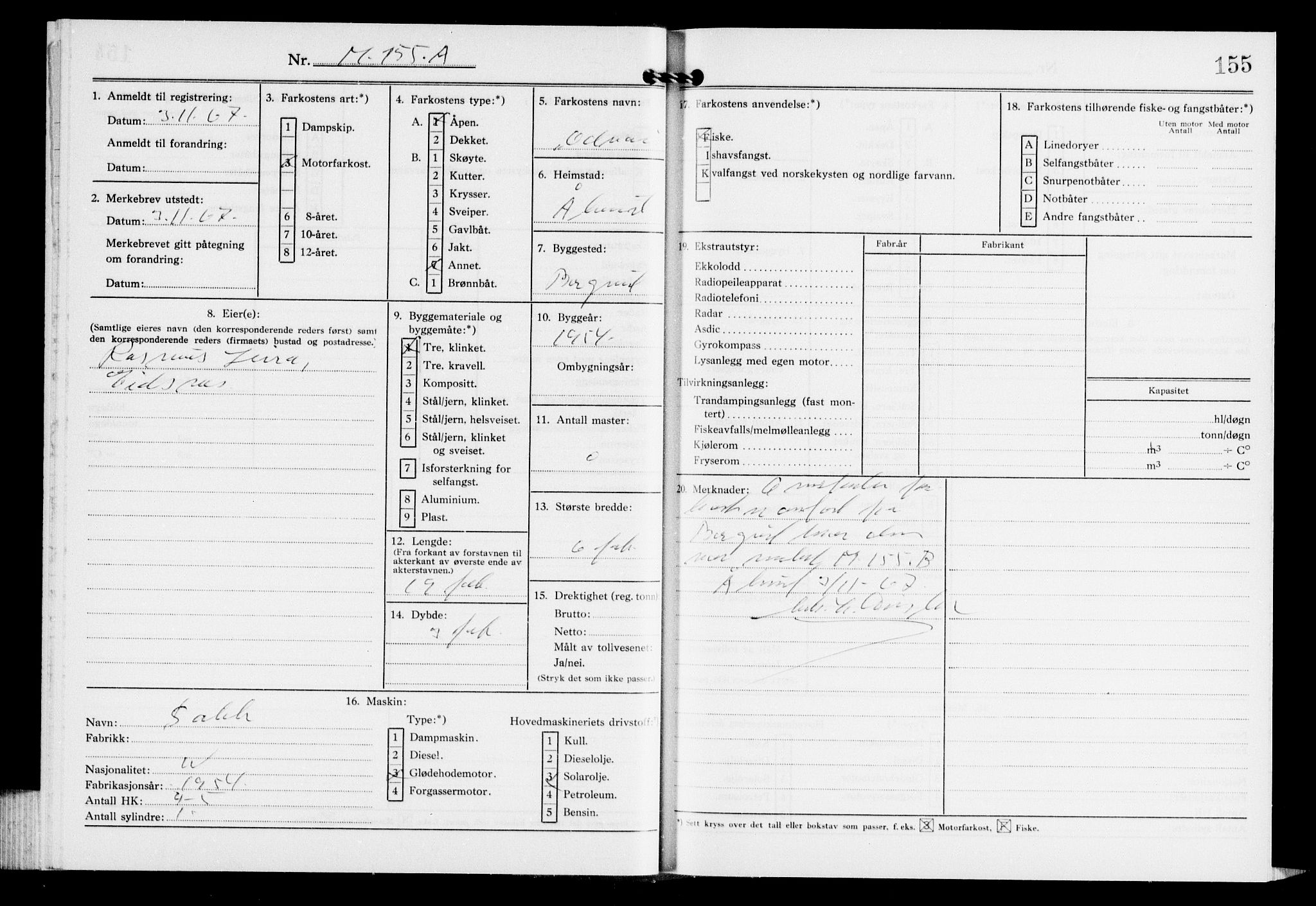 Fiskeridirektoratet - 1 Adm. ledelse - 13 Båtkontoret, AV/SAB-A-2003/I/Ia/Iaf/L0151: 135.0669/7 Merkeprotokoll - Ålesund, 1967-1968, p. 155