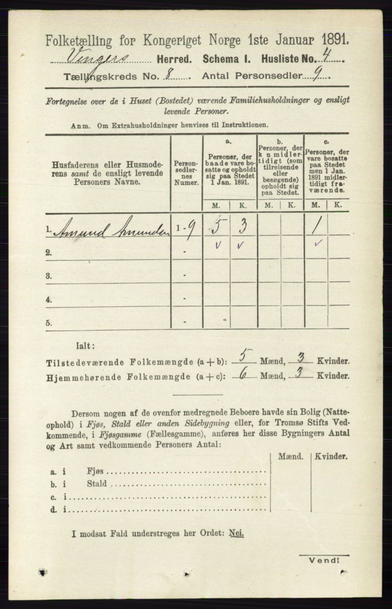 RA, 1891 census for 0421 Vinger, 1891, p. 3529