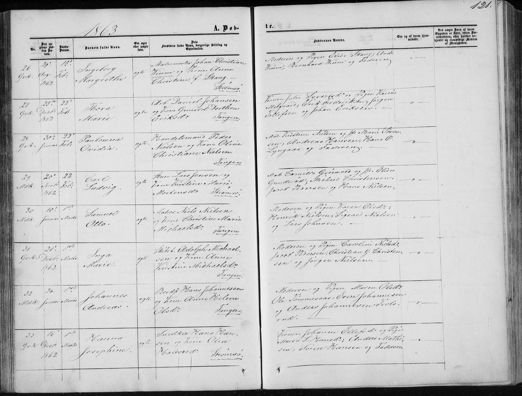 Strømsø kirkebøker, AV/SAKO-A-246/F/Fa/L0015: Parish register (official) no. I 15, 1859-1868, p. 121