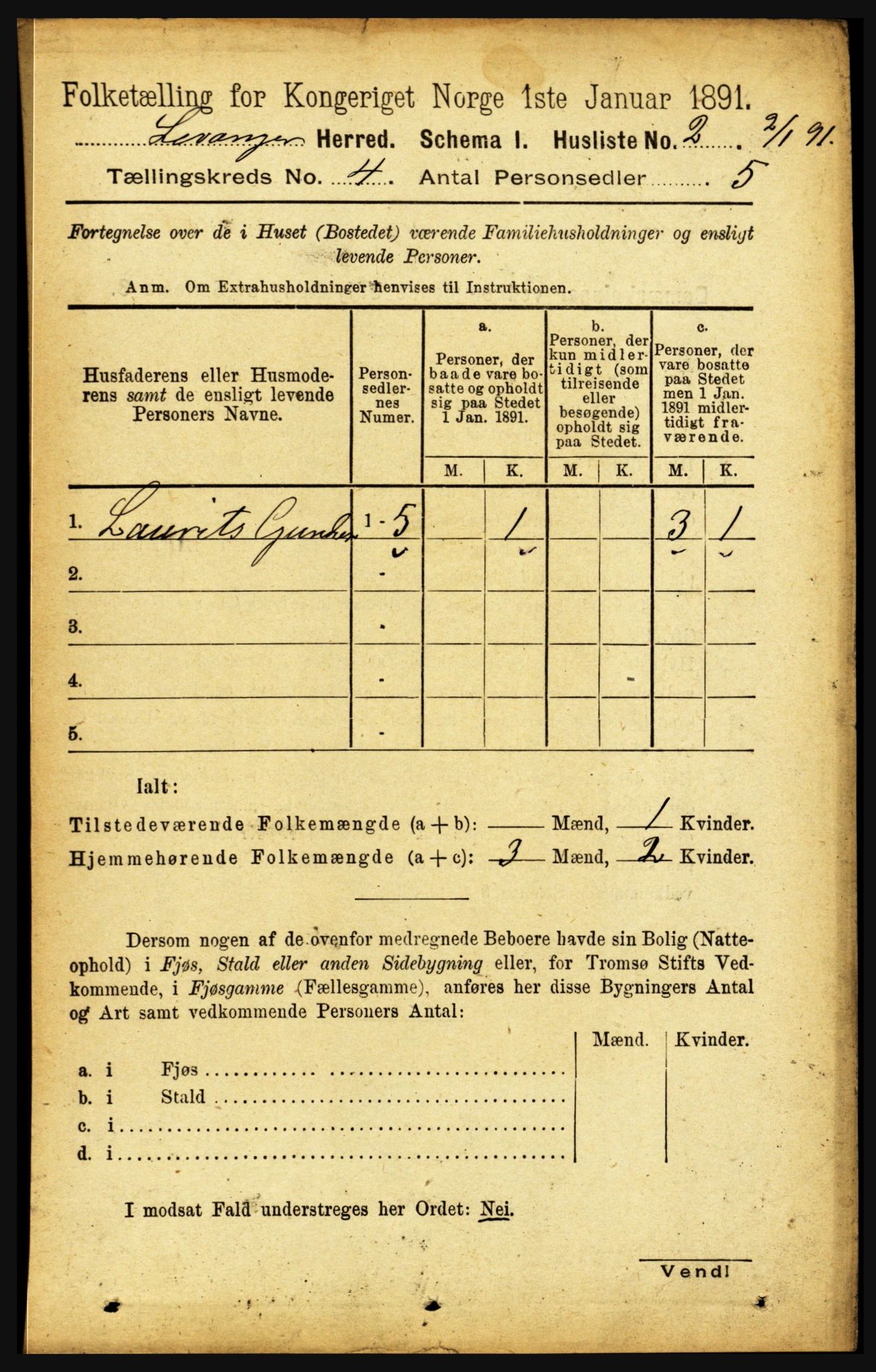 RA, 1891 census for 1720 Levanger, 1891, p. 2083