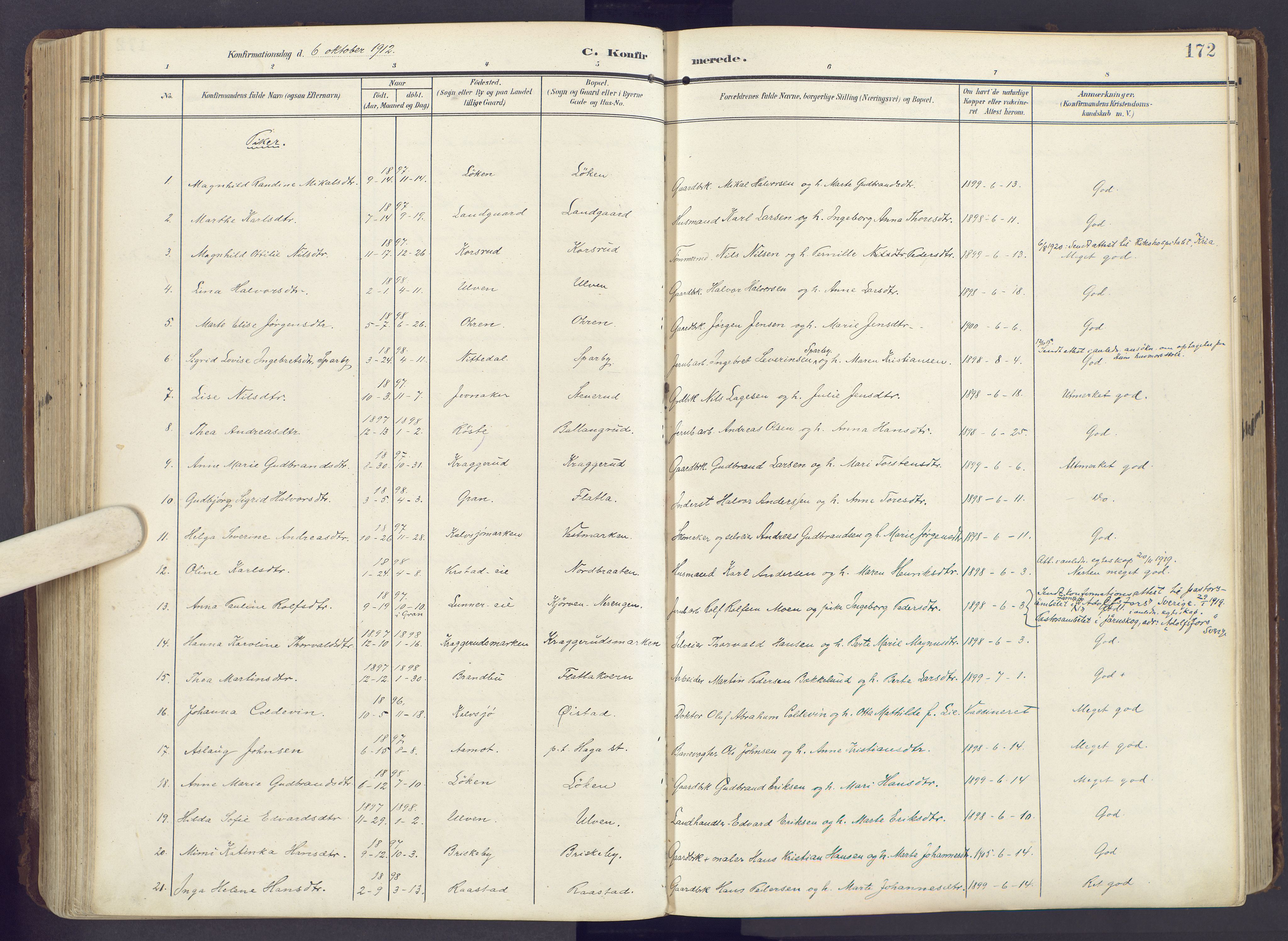 Lunner prestekontor, AV/SAH-PREST-118/H/Ha/Haa/L0001: Parish register (official) no. 1, 1907-1922, p. 172