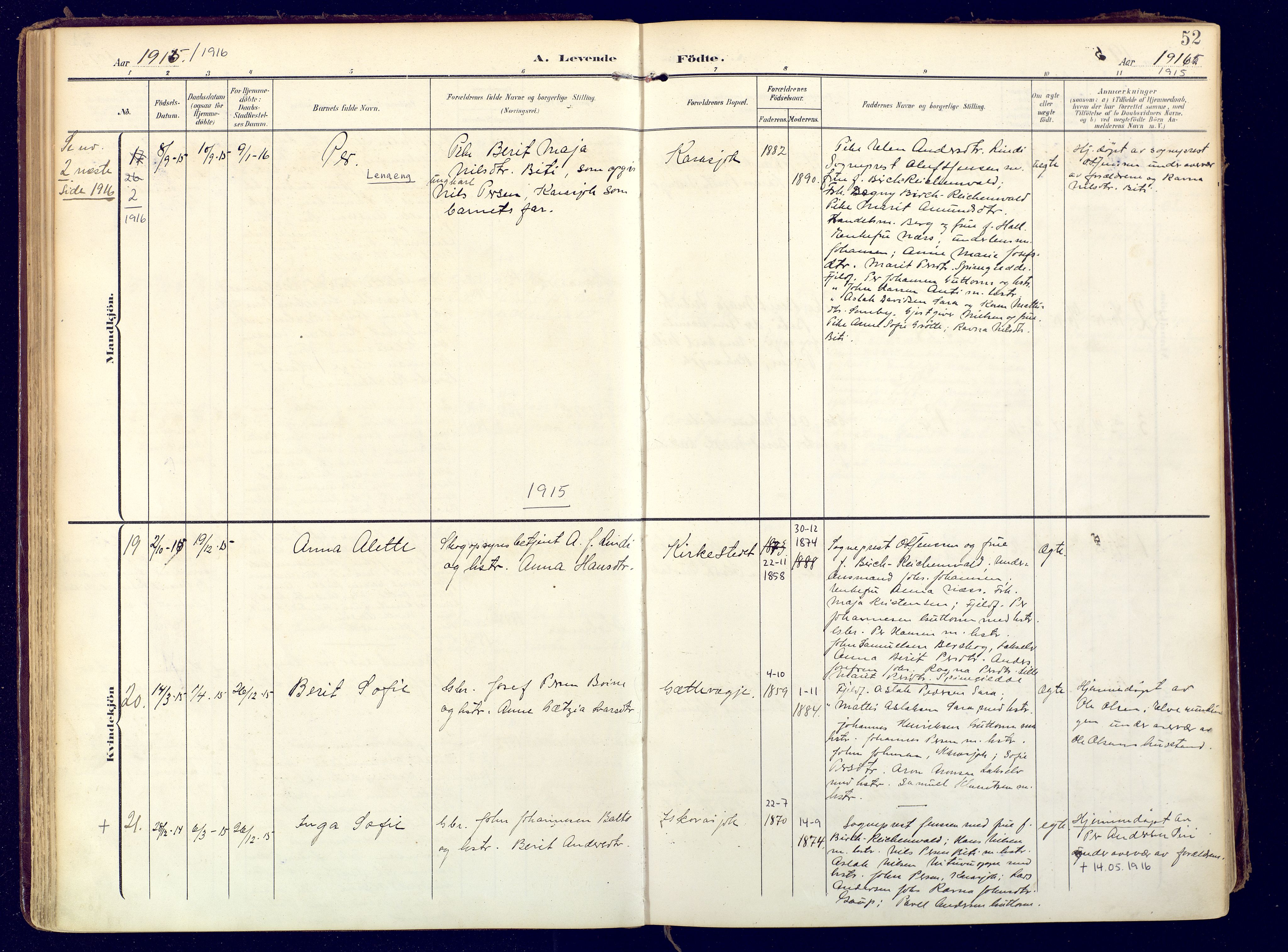 Karasjok sokneprestkontor, AV/SATØ-S-1352/H/Ha: Parish register (official) no. 3, 1907-1926, p. 52