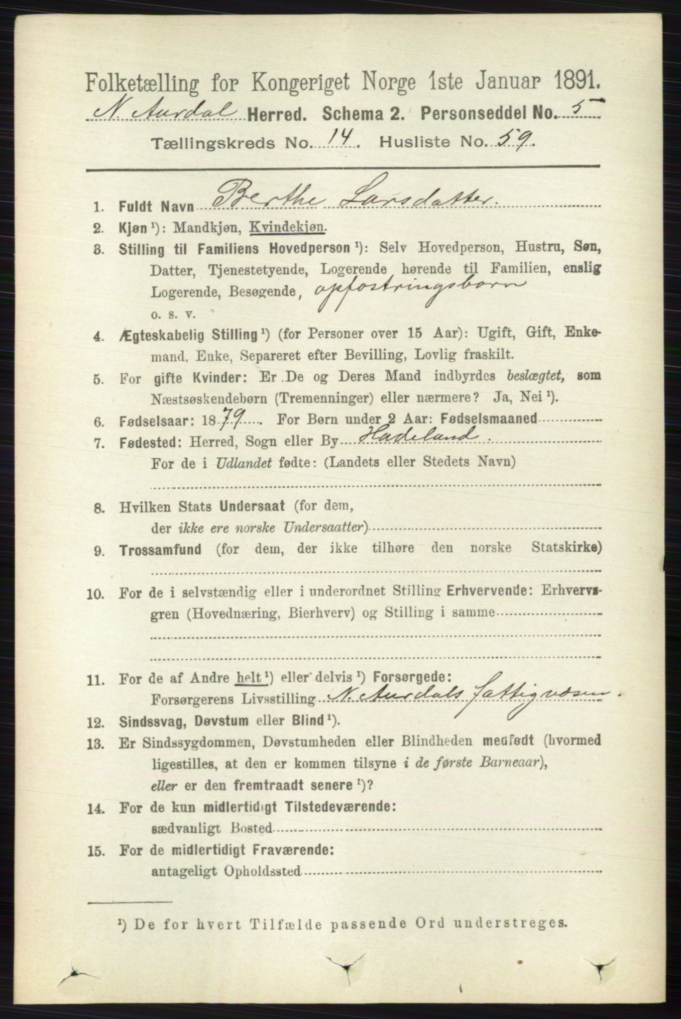 RA, 1891 census for 0542 Nord-Aurdal, 1891, p. 5577