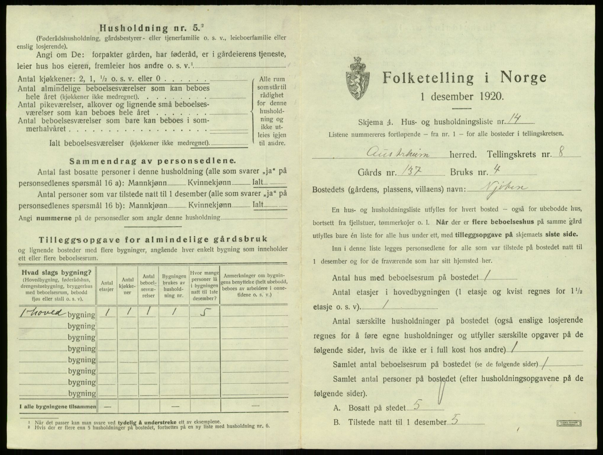 SAB, 1920 census for Austrheim, 1920, p. 410