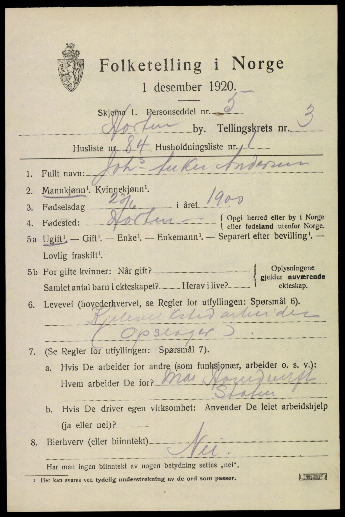 SAKO, 1920 census for Horten, 1920, p. 14629