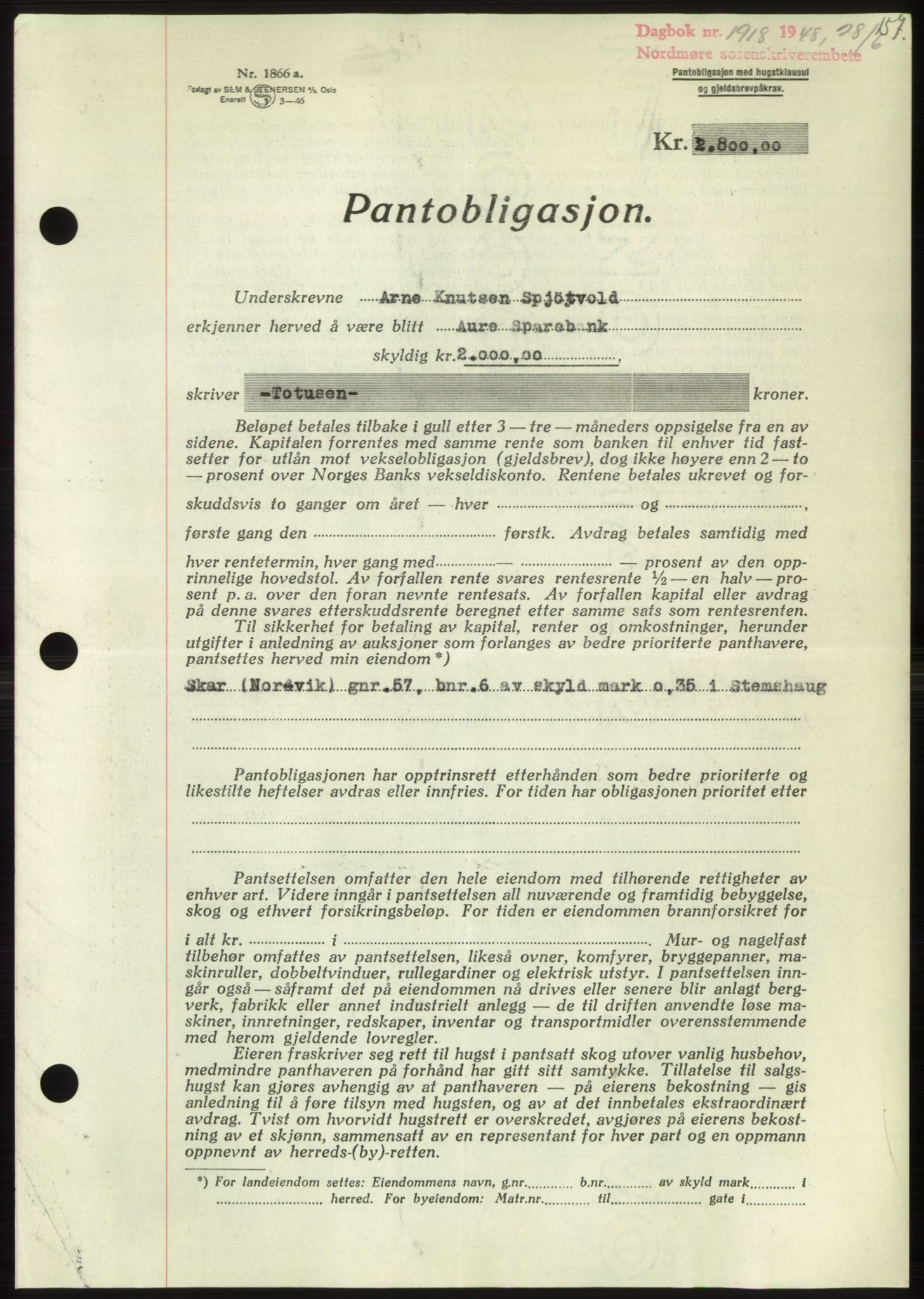 Nordmøre sorenskriveri, AV/SAT-A-4132/1/2/2Ca: Mortgage book no. B99, 1948-1948, Diary no: : 1918/1948