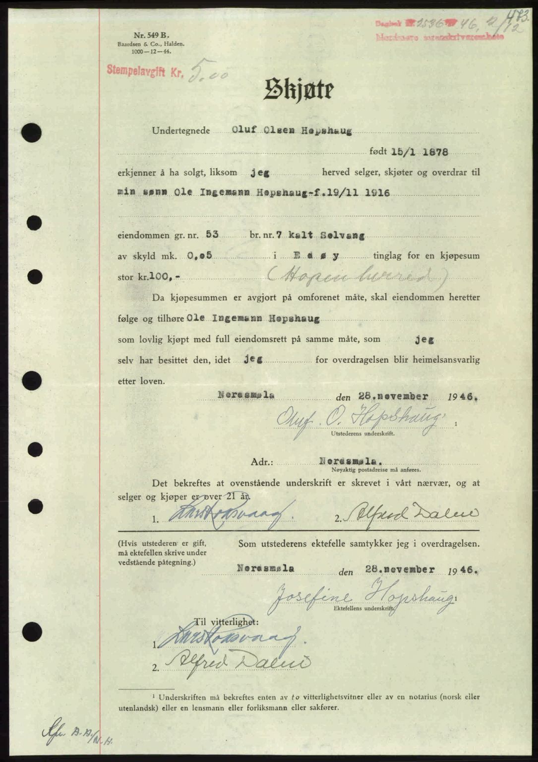 Nordmøre sorenskriveri, AV/SAT-A-4132/1/2/2Ca: Mortgage book no. A103, 1946-1947, Diary no: : 2536/1946