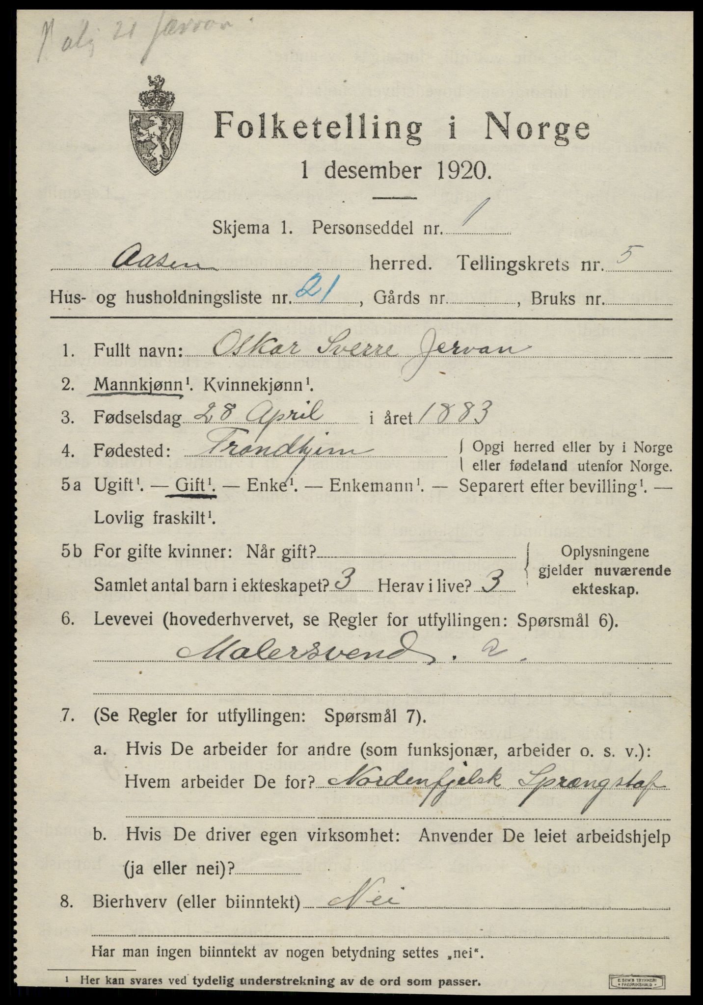 SAT, 1920 census for Åsen, 1920, p. 4260