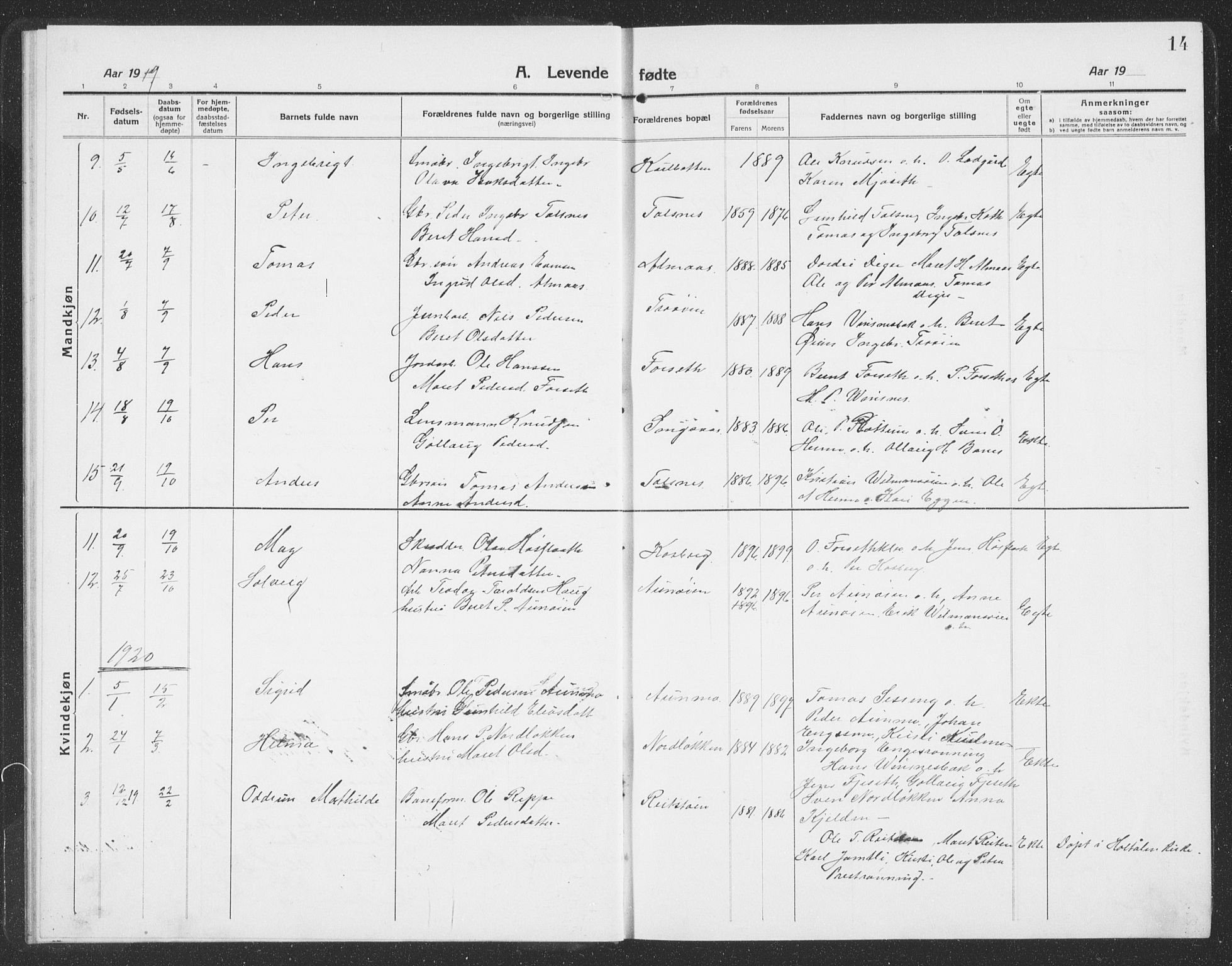 Ministerialprotokoller, klokkerbøker og fødselsregistre - Sør-Trøndelag, SAT/A-1456/688/L1030: Parish register (copy) no. 688C05, 1916-1939, p. 14