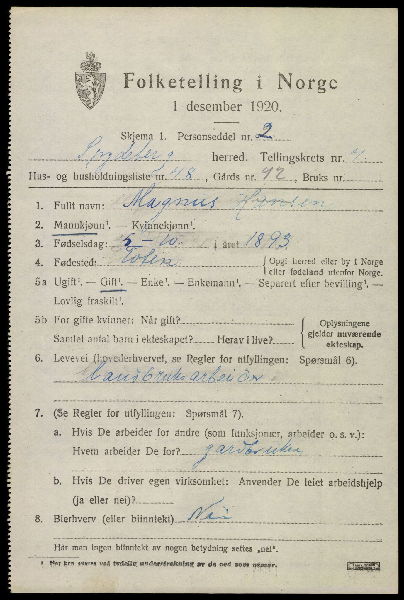 SAO, 1920 census for Spydeberg, 1920, p. 6133