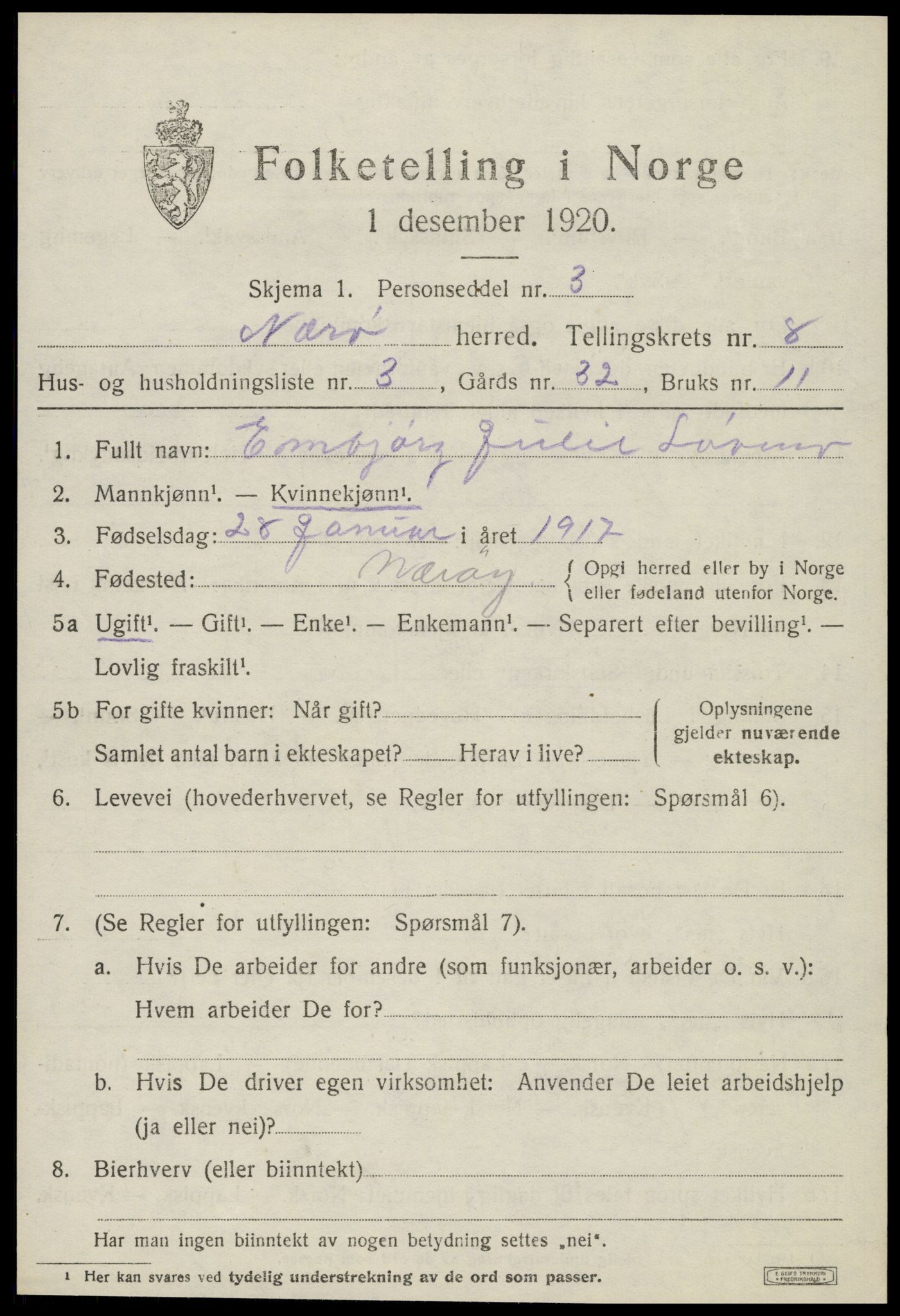 SAT, 1920 census for Nærøy, 1920, p. 4337