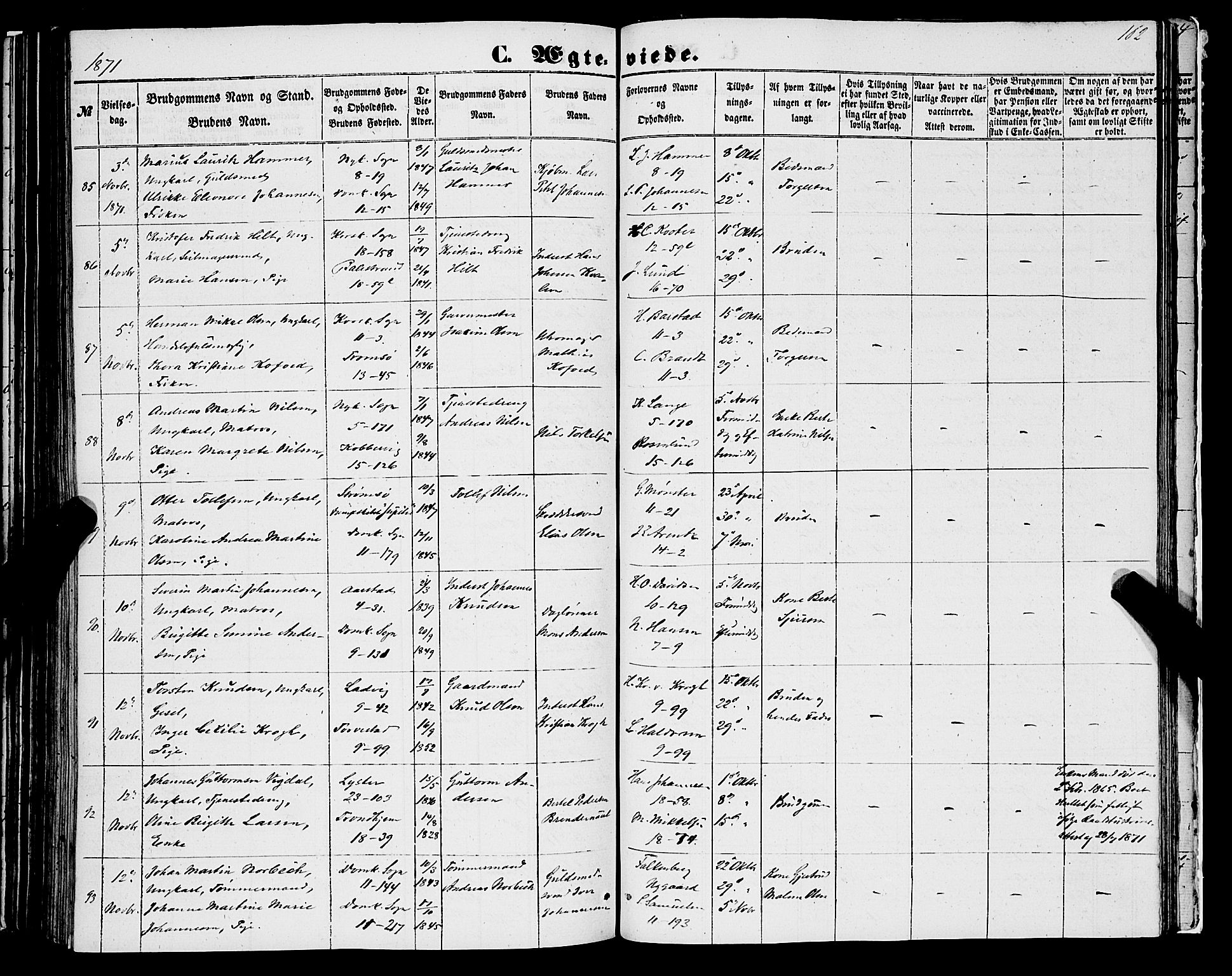 Domkirken sokneprestembete, SAB/A-74801/H/Haa/L0034: Parish register (official) no. D 2, 1853-1874, p. 162
