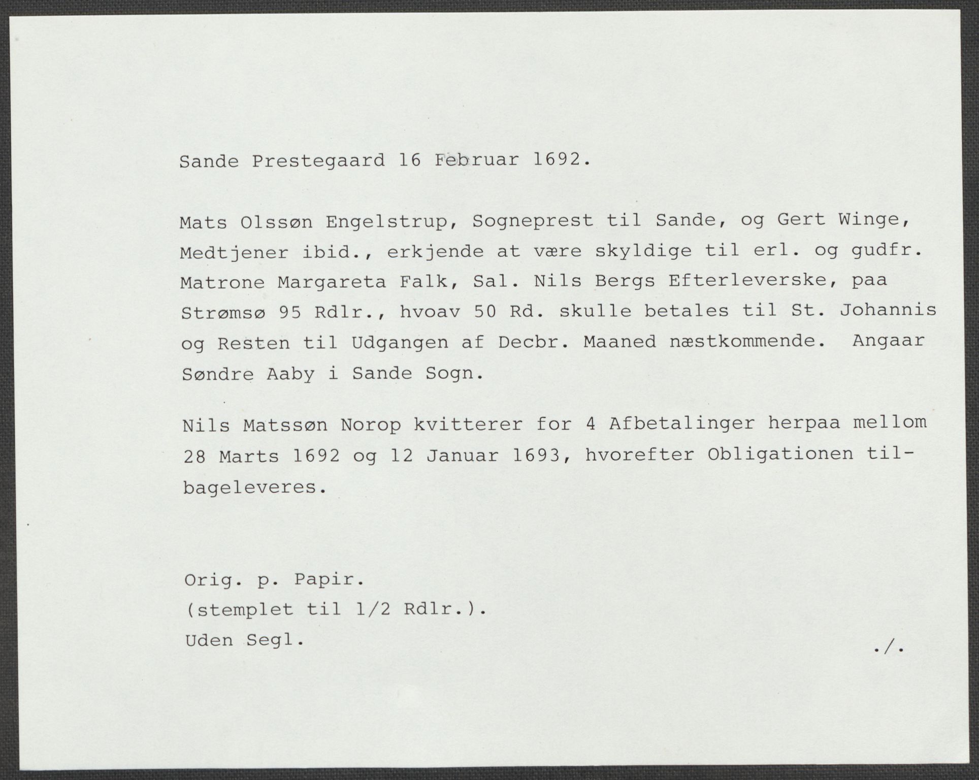 Riksarkivets diplomsamling, RA/EA-5965/F15/L0021: Prestearkiv - Vestfold, 1573-1858, p. 276