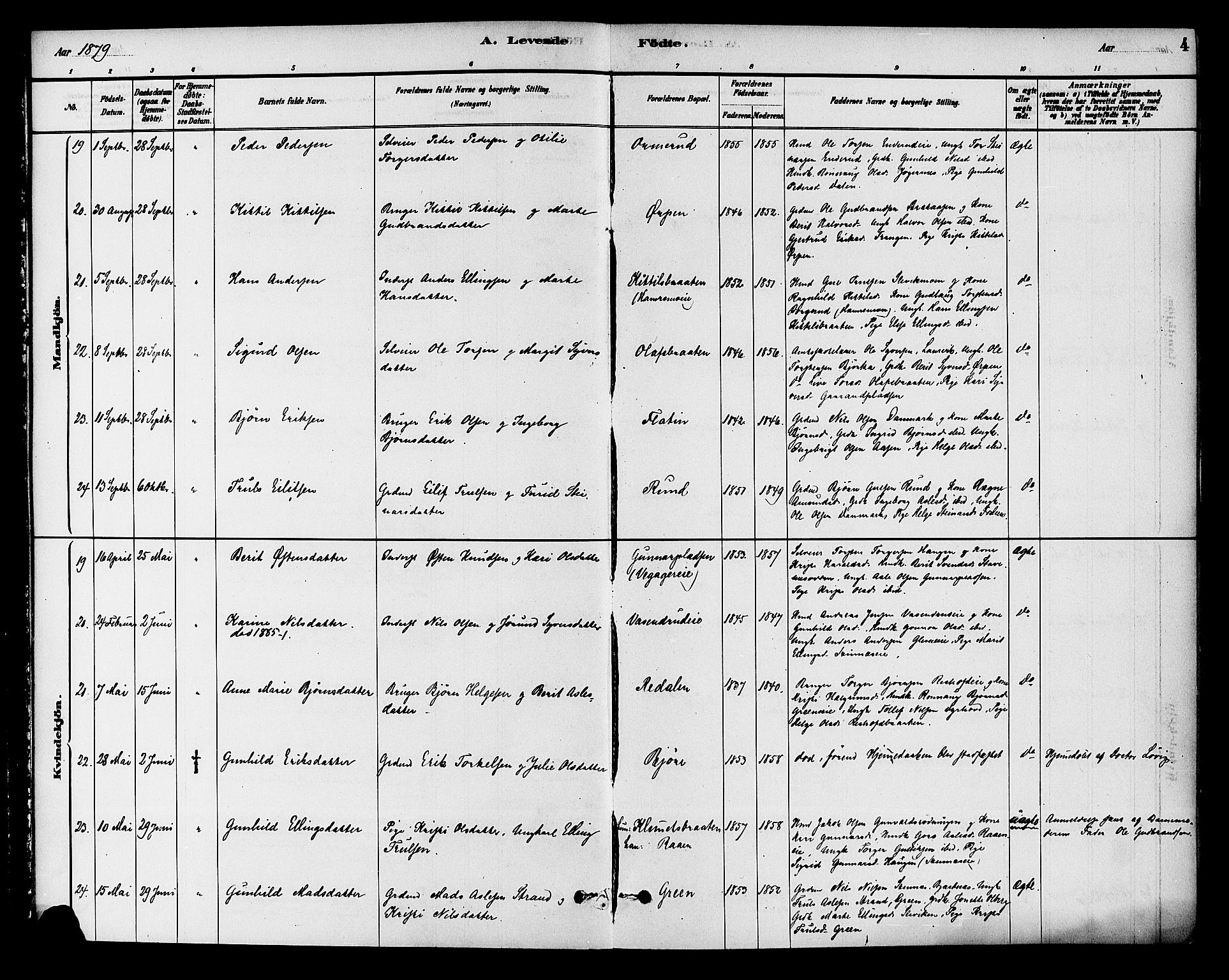 Krødsherad kirkebøker, AV/SAKO-A-19/G/Ga/L0001: Parish register (copy) no. 1, 1879-1893, p. 4