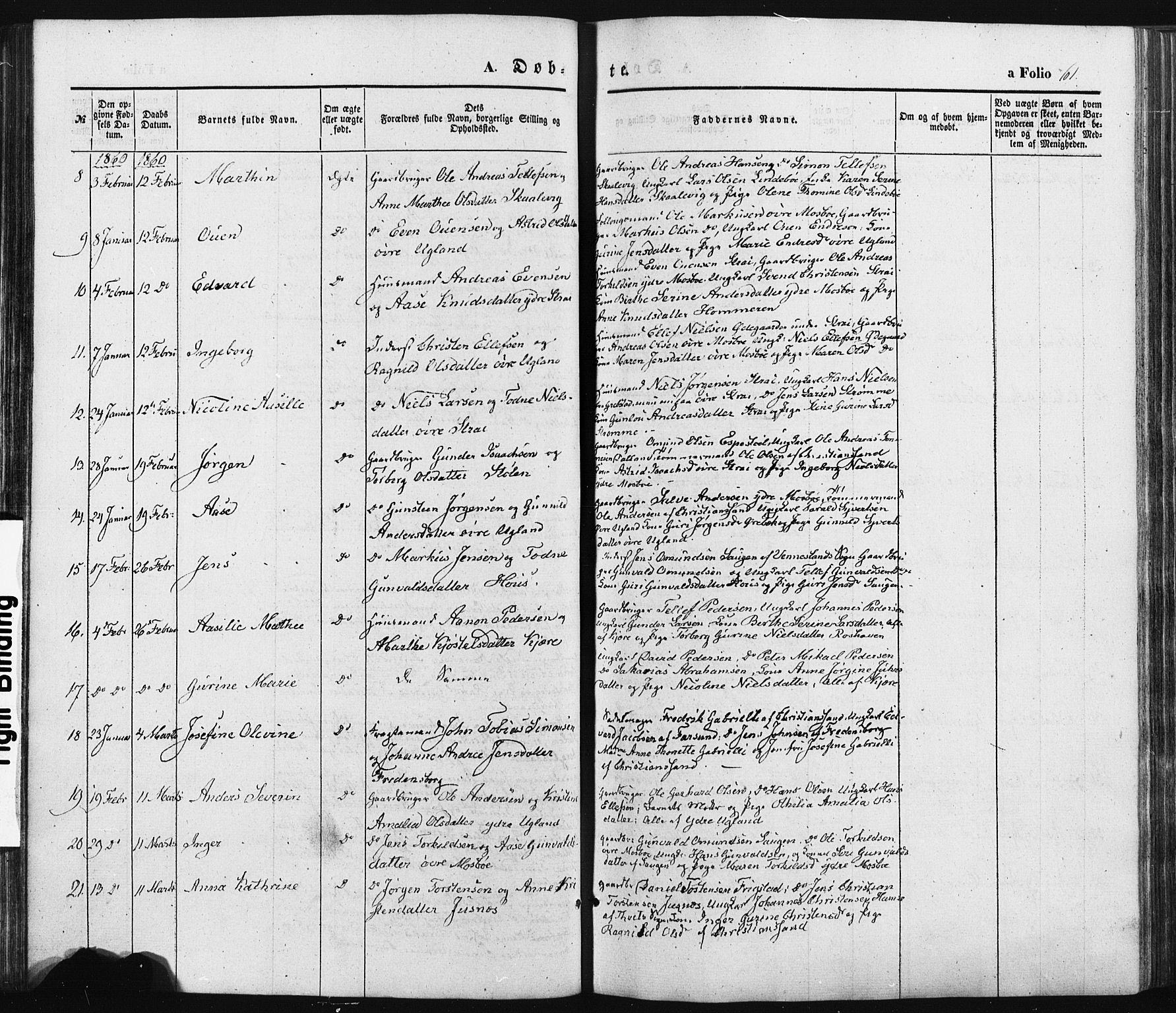 Oddernes sokneprestkontor, SAK/1111-0033/F/Fa/Faa/L0007: Parish register (official) no. A 7, 1851-1863, p. 61
