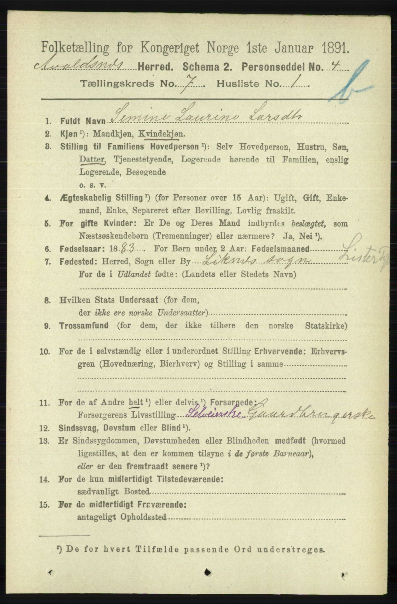 RA, 1891 census for 1147 Avaldsnes, 1891, p. 3665