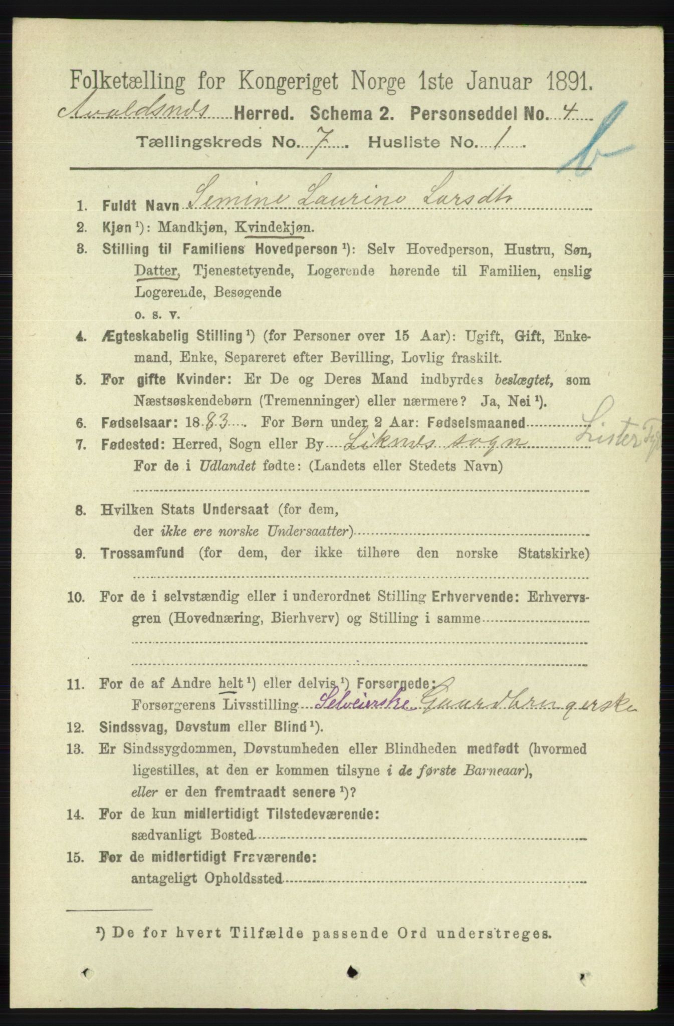 RA, 1891 census for 1147 Avaldsnes, 1891, p. 3665