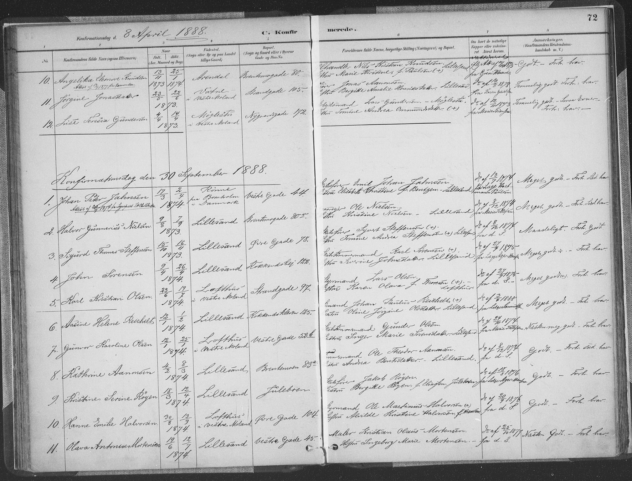 Vestre Moland sokneprestkontor, AV/SAK-1111-0046/F/Fa/Faa/L0001: Parish register (official) no. A 1, 1884-1899, p. 72