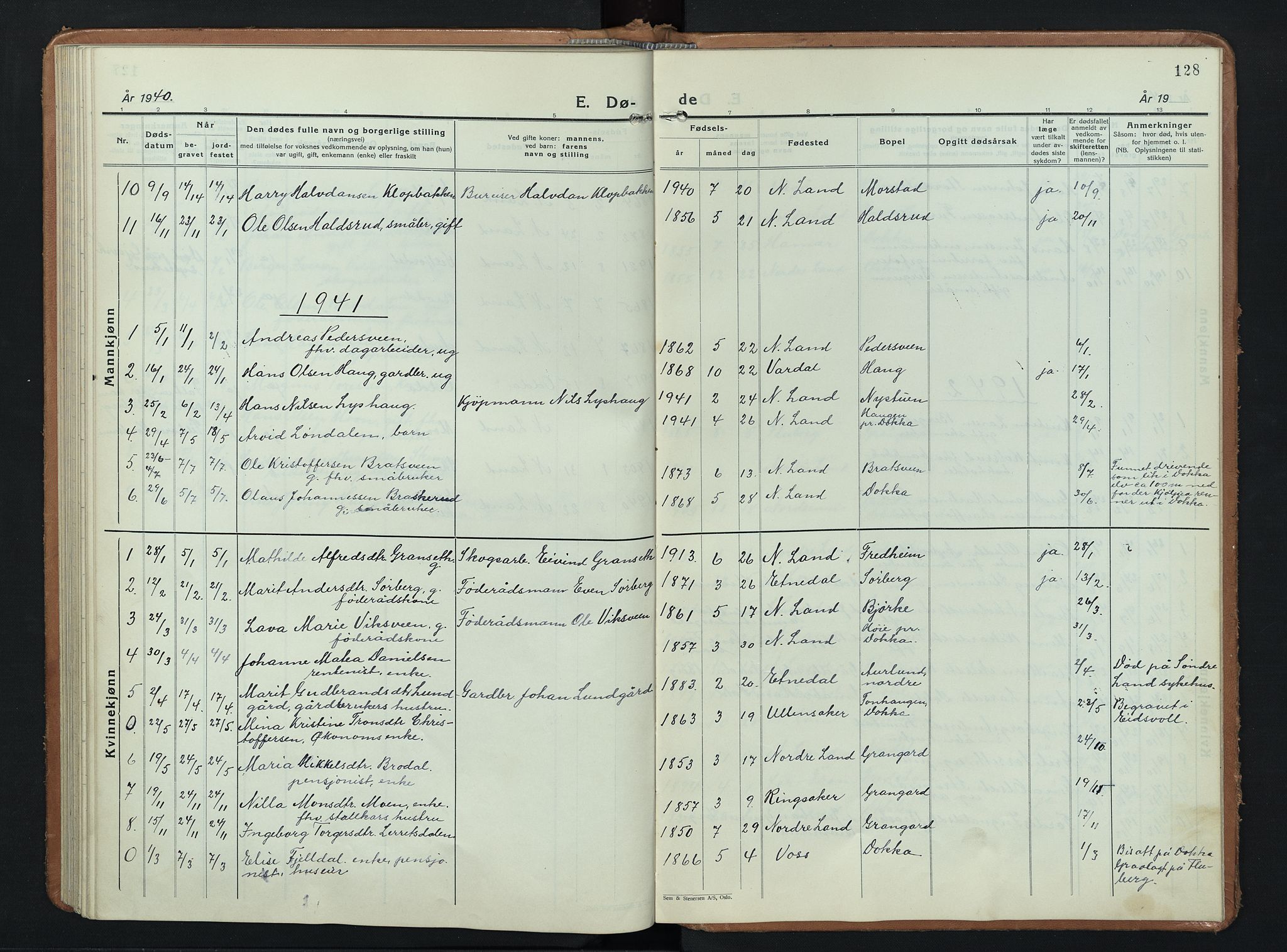 Nordre Land prestekontor, AV/SAH-PREST-124/H/Ha/Hab/L0003: Parish register (copy) no. 3, 1932-1946, p. 128