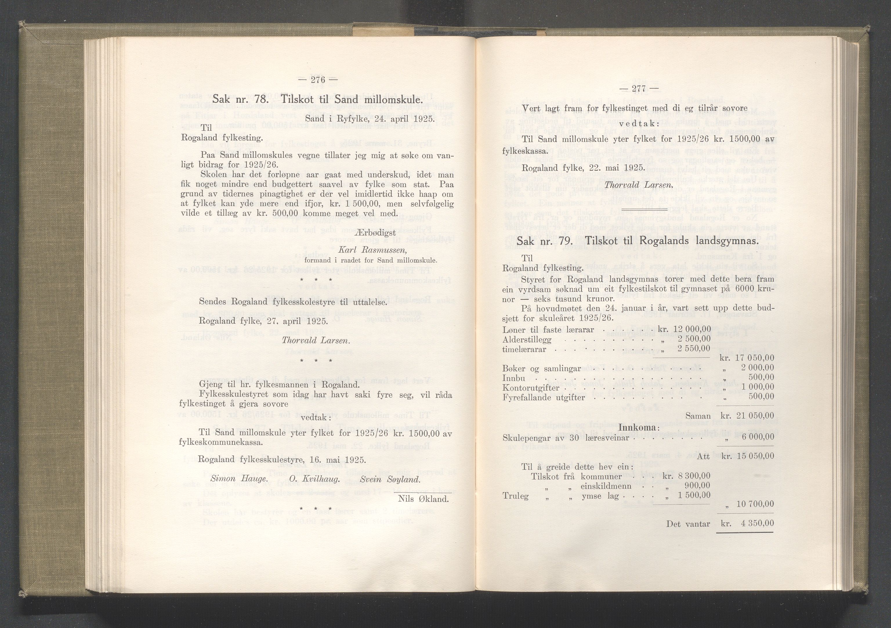 Rogaland fylkeskommune - Fylkesrådmannen , IKAR/A-900/A/Aa/Aaa/L0044: Møtebok , 1925, p. 276-277