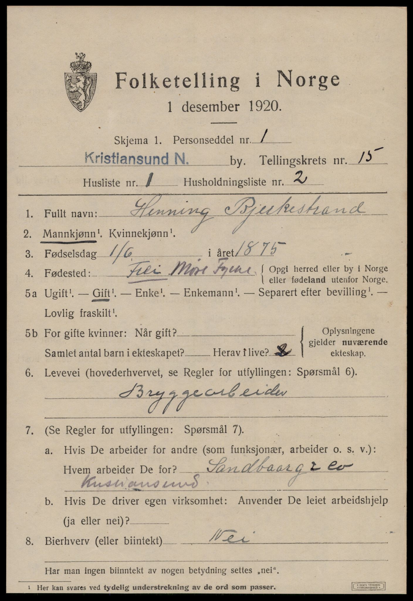 SAT, 1920 census for Kristiansund, 1920, p. 30899