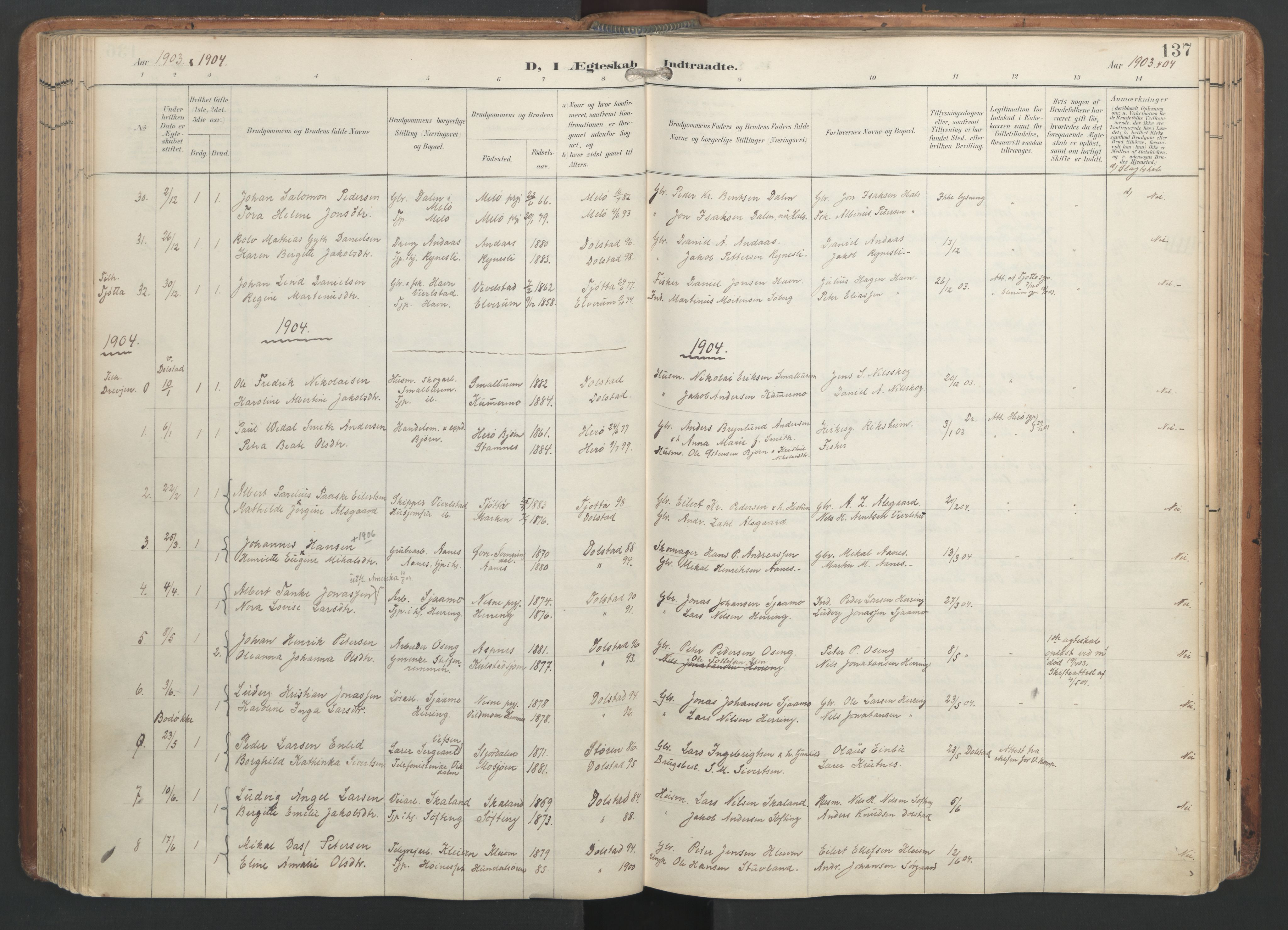 Ministerialprotokoller, klokkerbøker og fødselsregistre - Nordland, SAT/A-1459/820/L0298: Parish register (official) no. 820A19, 1897-1915, p. 137