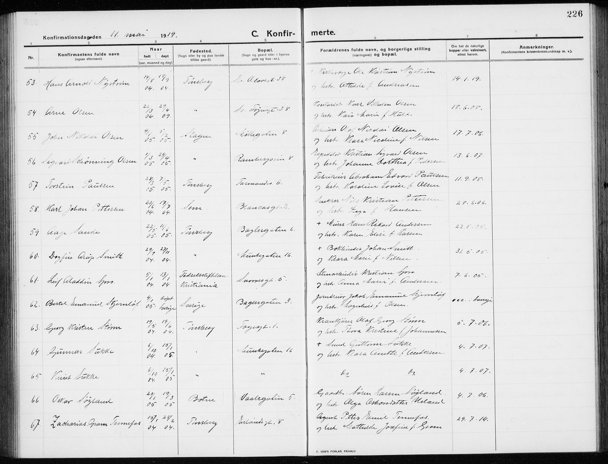 Tønsberg kirkebøker, AV/SAKO-A-330/G/Ga/L0009: Parish register (copy) no. 9, 1913-1920, p. 226