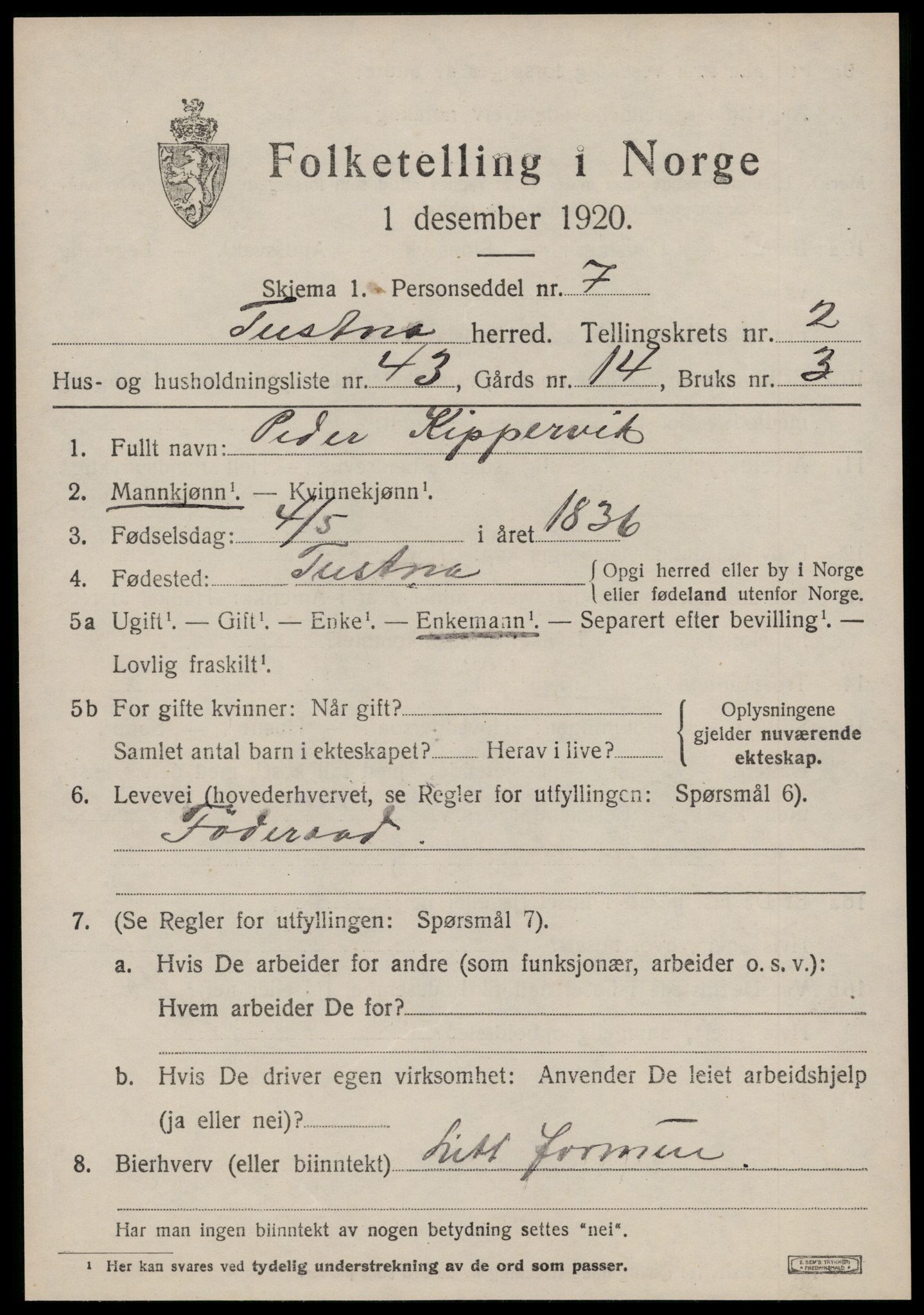 SAT, 1920 census for Tustna, 1920, p. 1431