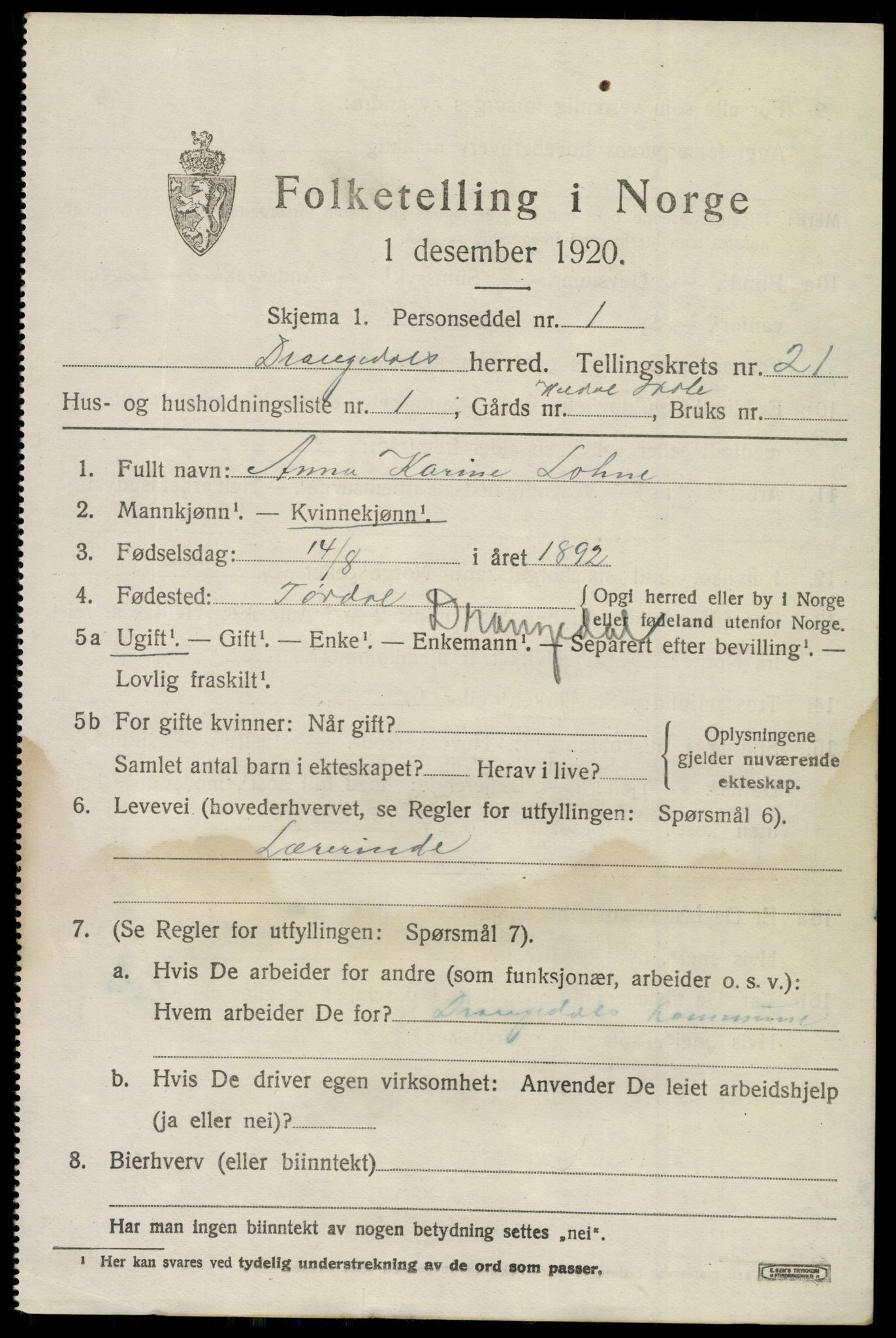 SAKO, 1920 census for Drangedal, 1920, p. 9181