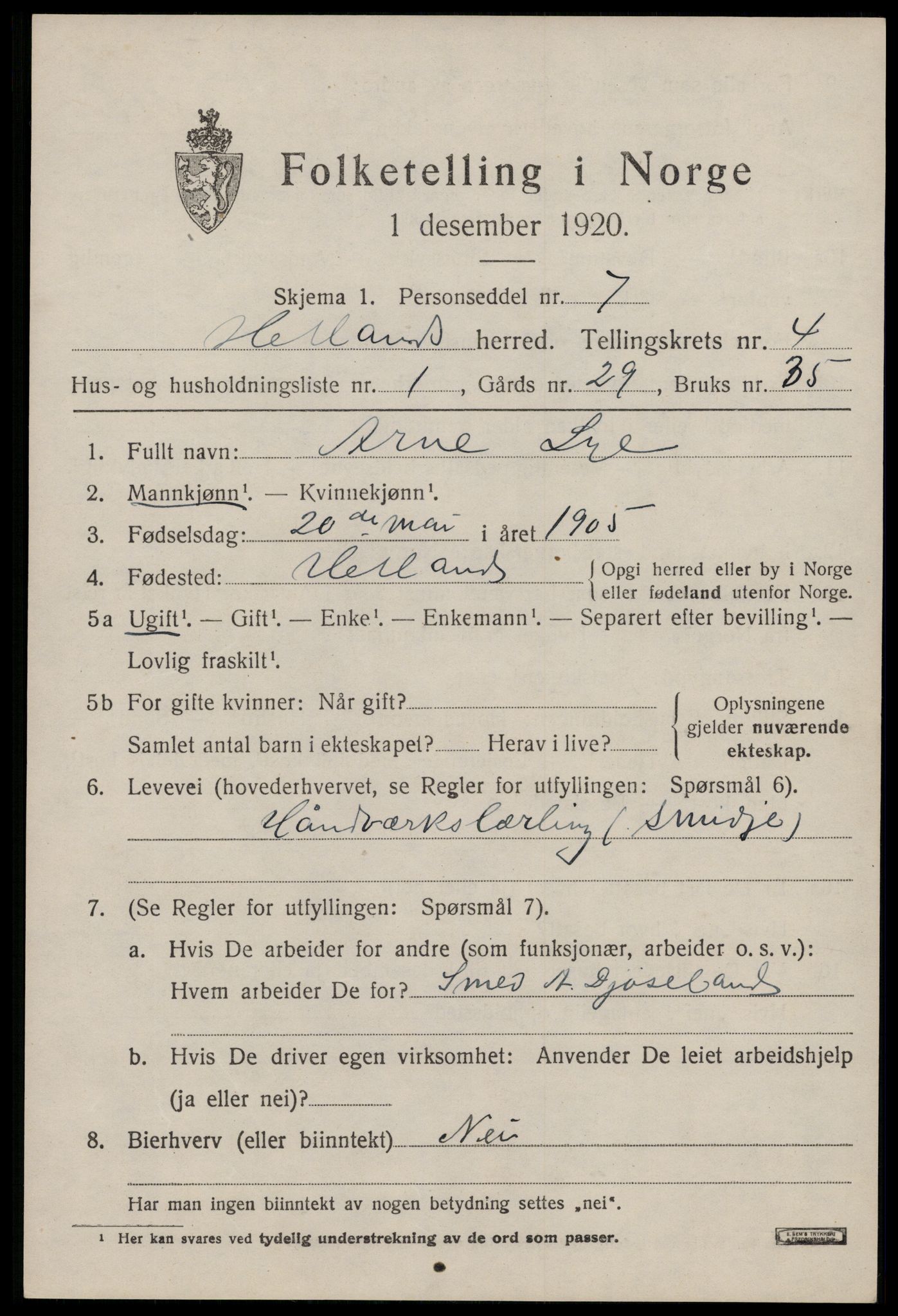 SAST, 1920 census for Hetland, 1920, p. 6271