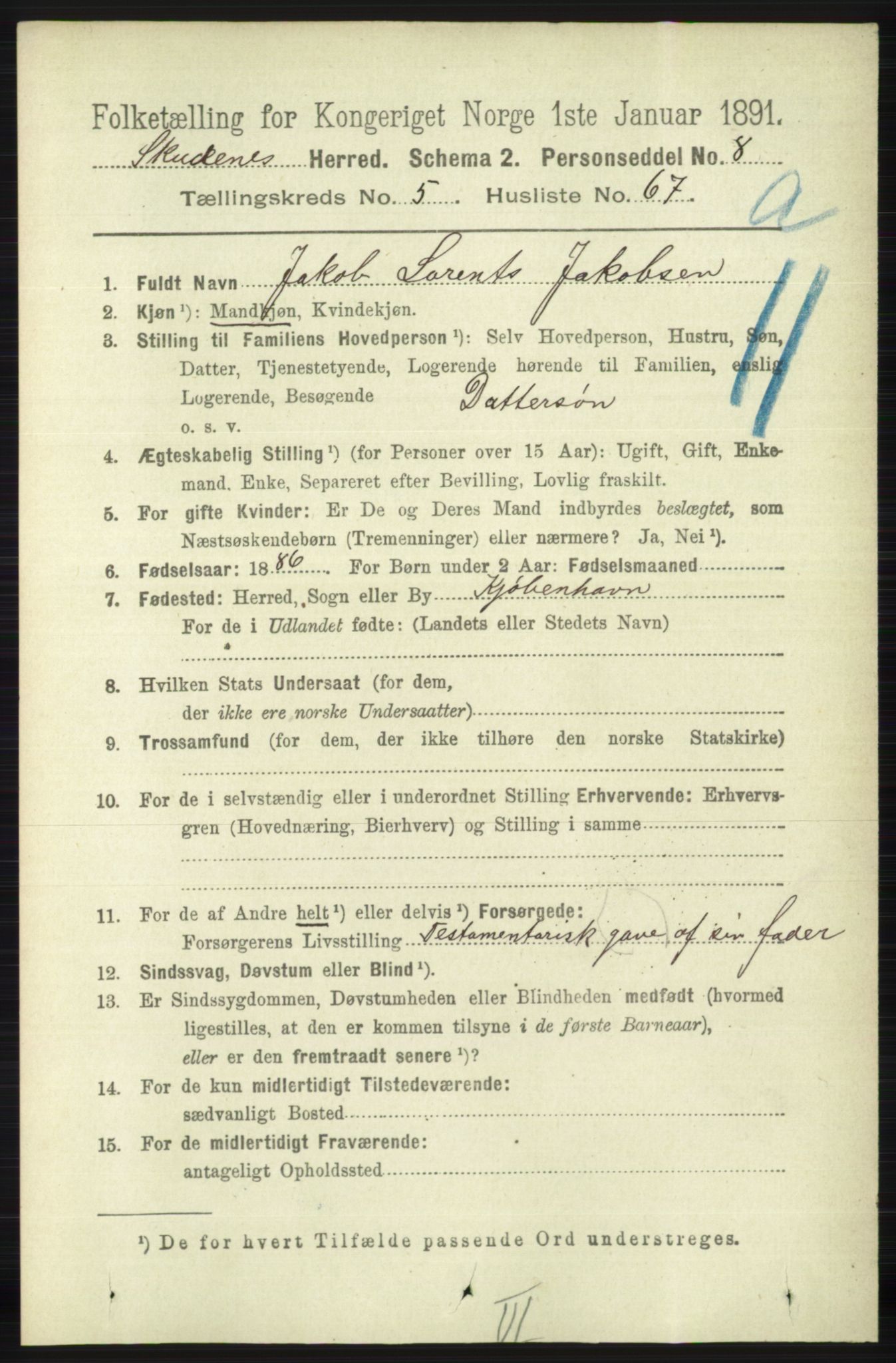 RA, 1891 census for 1150 Skudenes, 1891, p. 2903