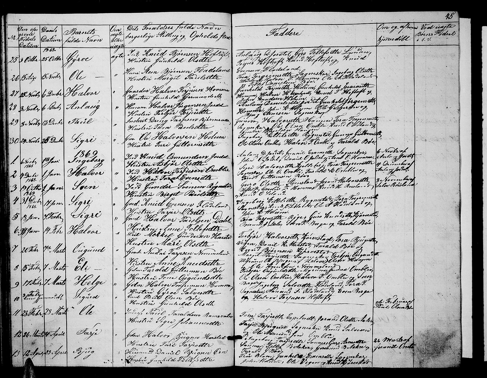 Valle sokneprestkontor, SAK/1111-0044/F/Fb/Fbc/L0002: Parish register (copy) no. B 2, 1848-1870, p. 45
