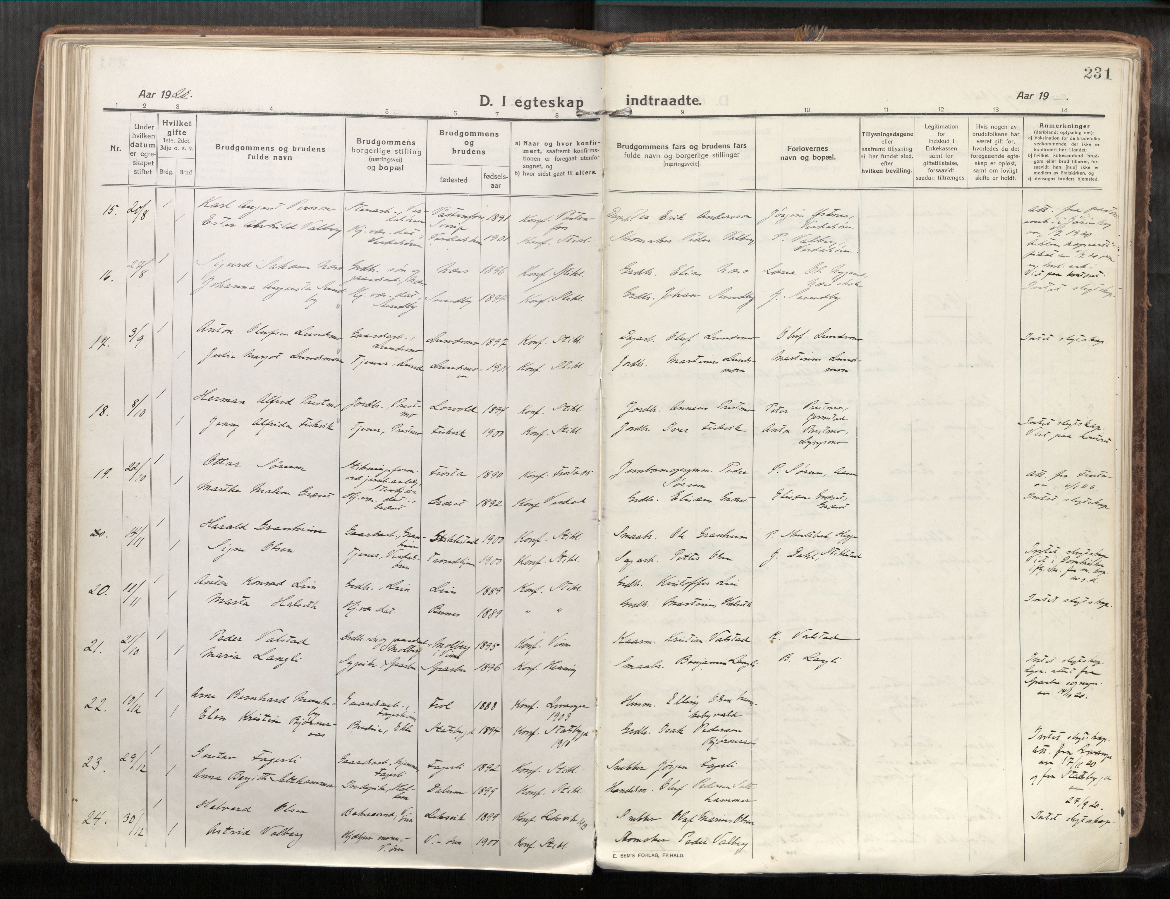 Verdal sokneprestkontor, SAT/A-1156/2/H/Haa/L0001: Parish register (official) no. 1, 1917-1932, p. 231