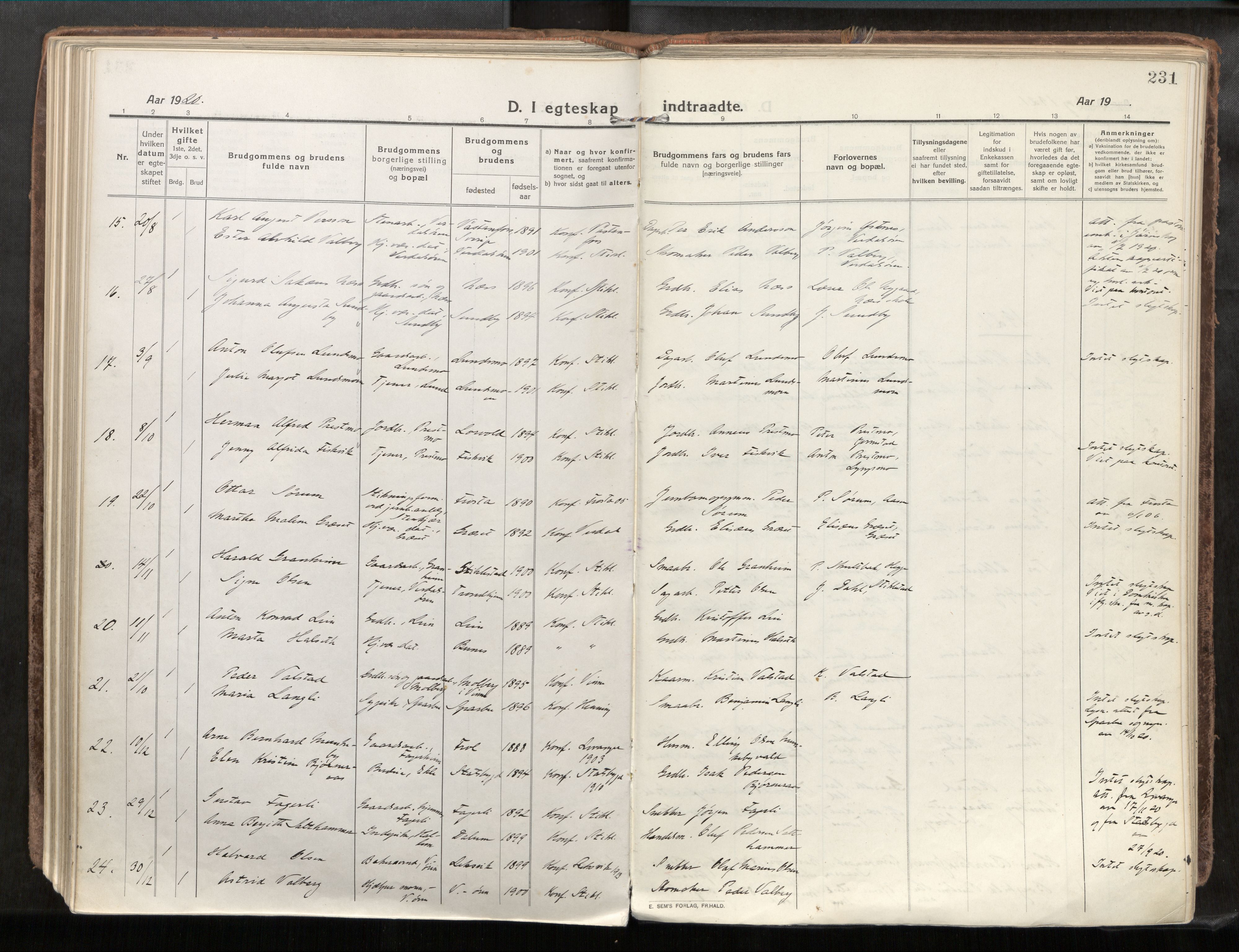 Verdal sokneprestkontor, AV/SAT-A-1156/2/H/Haa/L0001: Parish register (official) no. 1, 1917-1932, p. 231