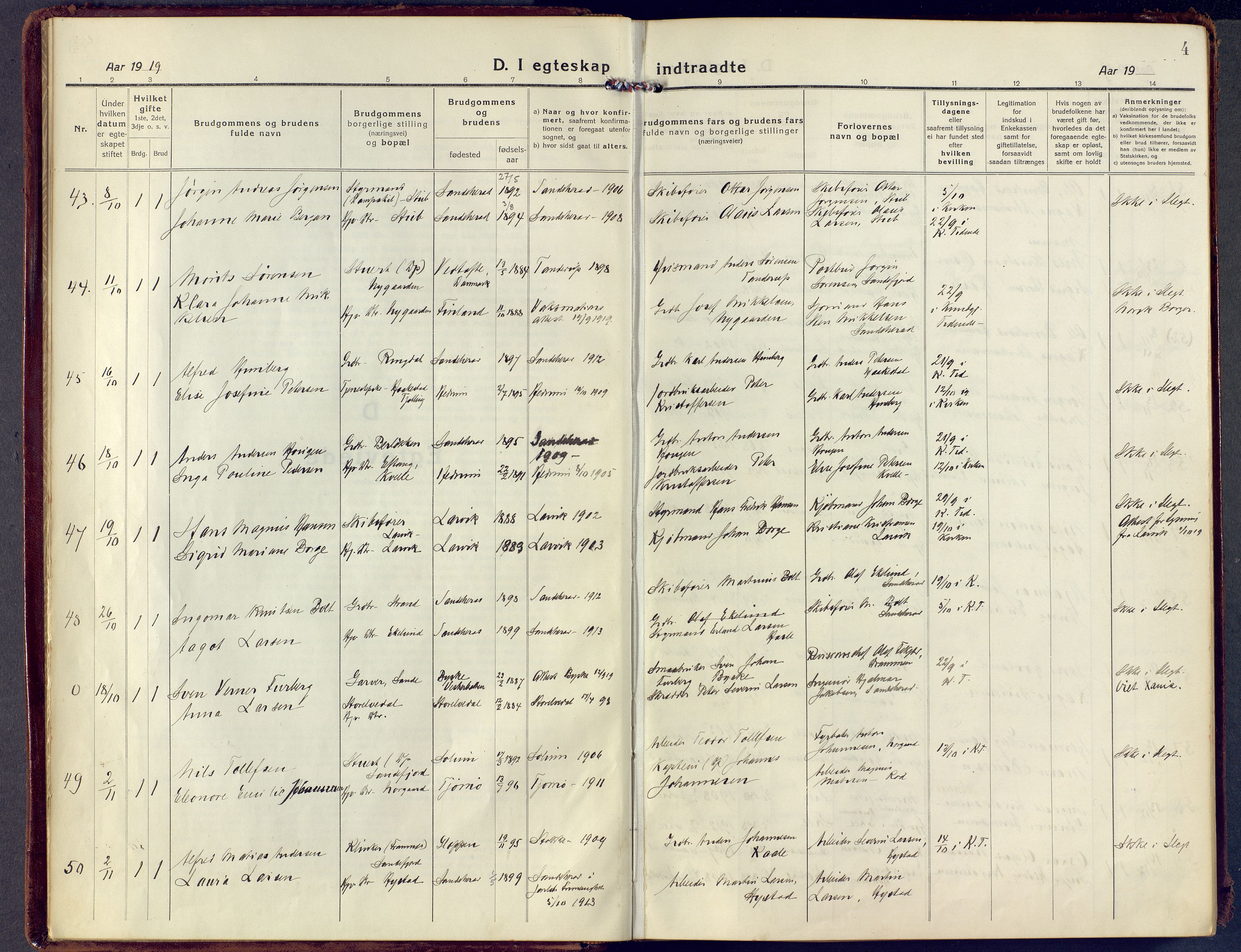Sandar kirkebøker, SAKO/A-243/F/Fa/L0021: Parish register (official) no. 21, 1919-1925, p. 4
