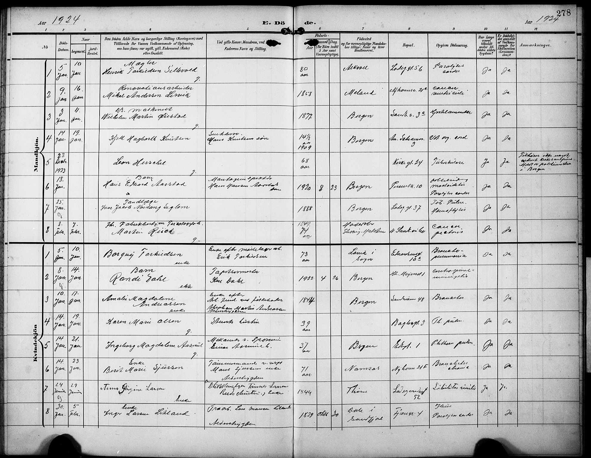 Sandviken Sokneprestembete, AV/SAB-A-77601/H/Hb/L0017: Parish register (copy) no. E 1, 1903-1926, p. 278