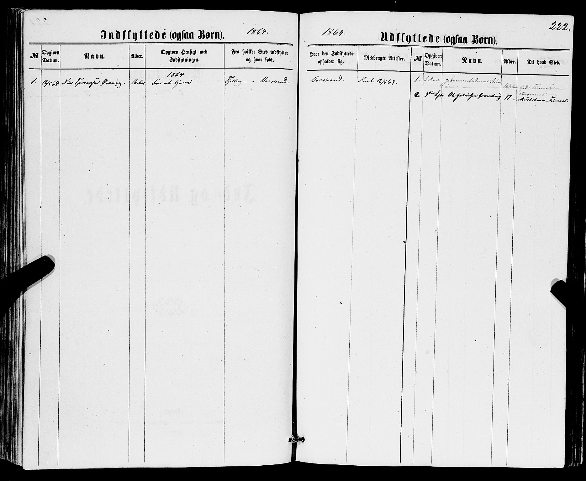 Sveio Sokneprestembete, SAB/A-78501/H/Hab: Parish register (copy) no. B 1, 1864-1886, p. 222