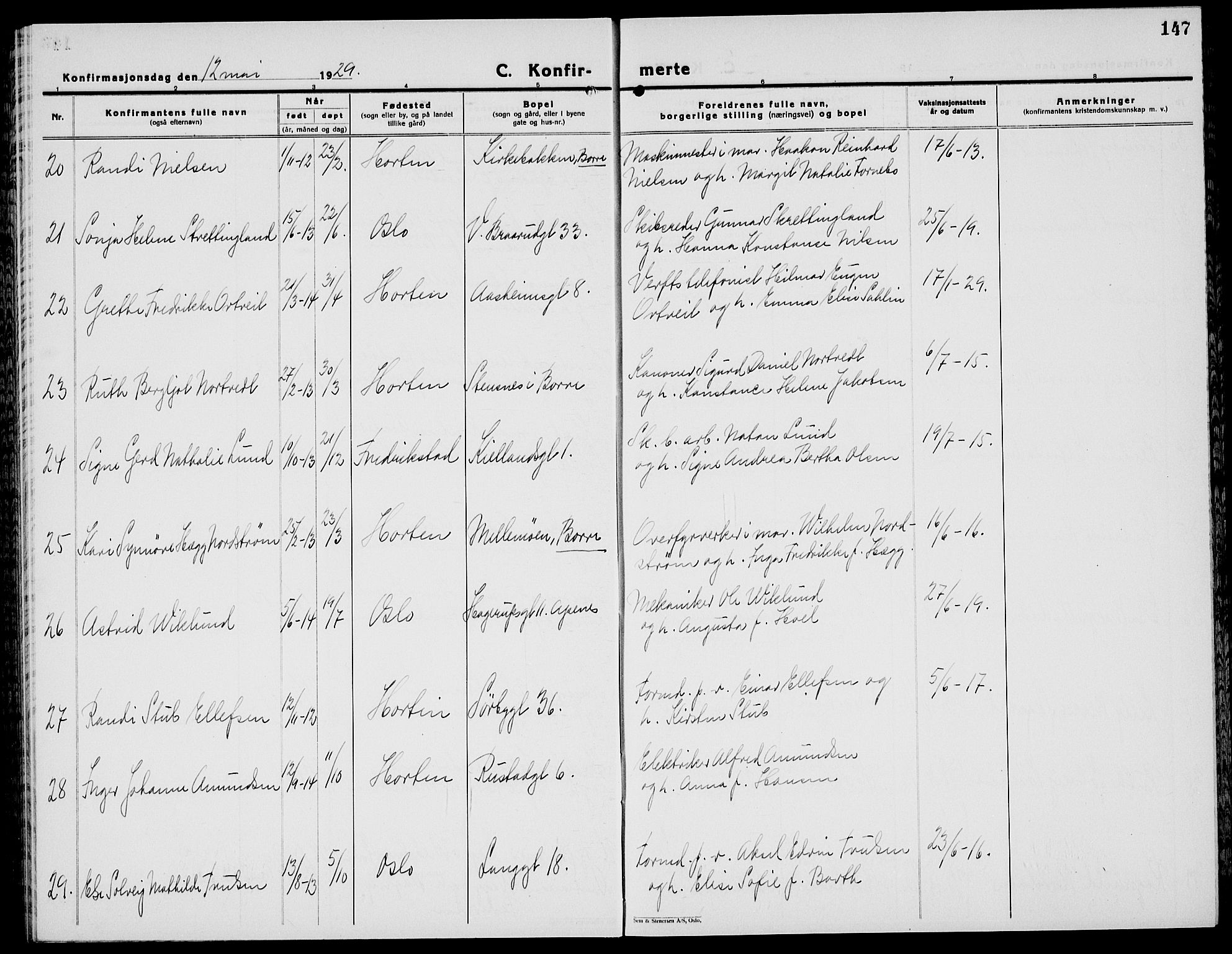 Horten kirkebøker, AV/SAKO-A-348/G/Ga/L0009: Parish register (copy) no. 9, 1926-1936, p. 147