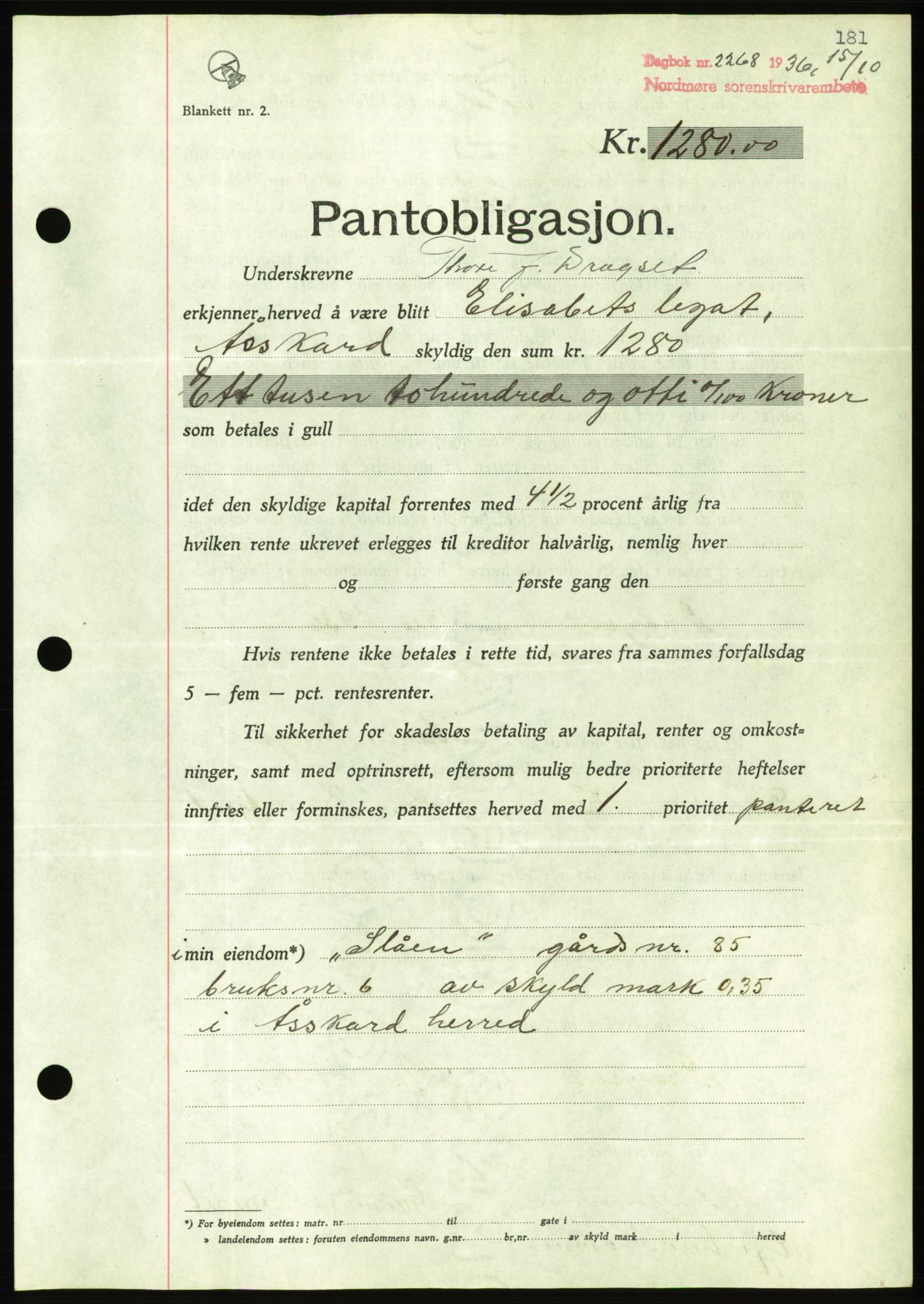 Nordmøre sorenskriveri, AV/SAT-A-4132/1/2/2Ca/L0090: Mortgage book no. B80, 1936-1937, Diary no: : 2268/1936