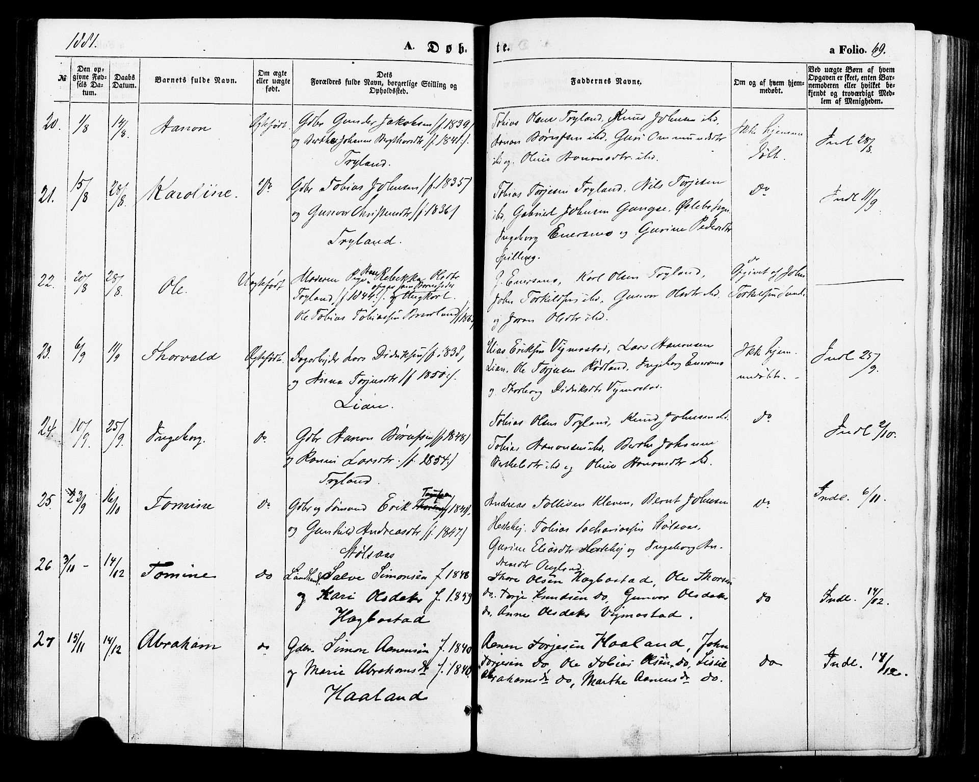 Nord-Audnedal sokneprestkontor, AV/SAK-1111-0032/F/Fa/Fab/L0002: Parish register (official) no. A 2, 1859-1882, p. 69