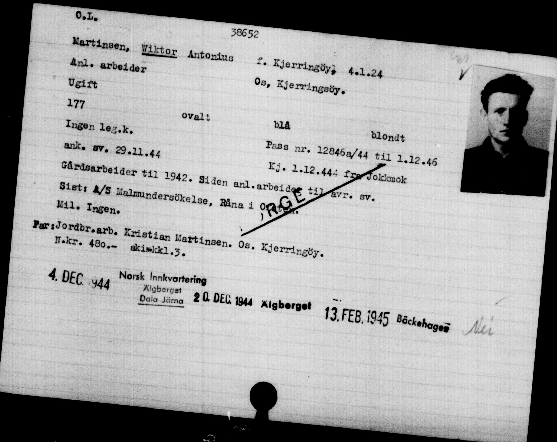 Utenriksstasjonene, Legasjonen i Stockholm, Flyktningkontoret, AV/RA-S-6753/V/Va/L0015: Kjesäterkartoteket, flyktninger med registreringsnr. 37800-40770, 1940-1945, p. 876